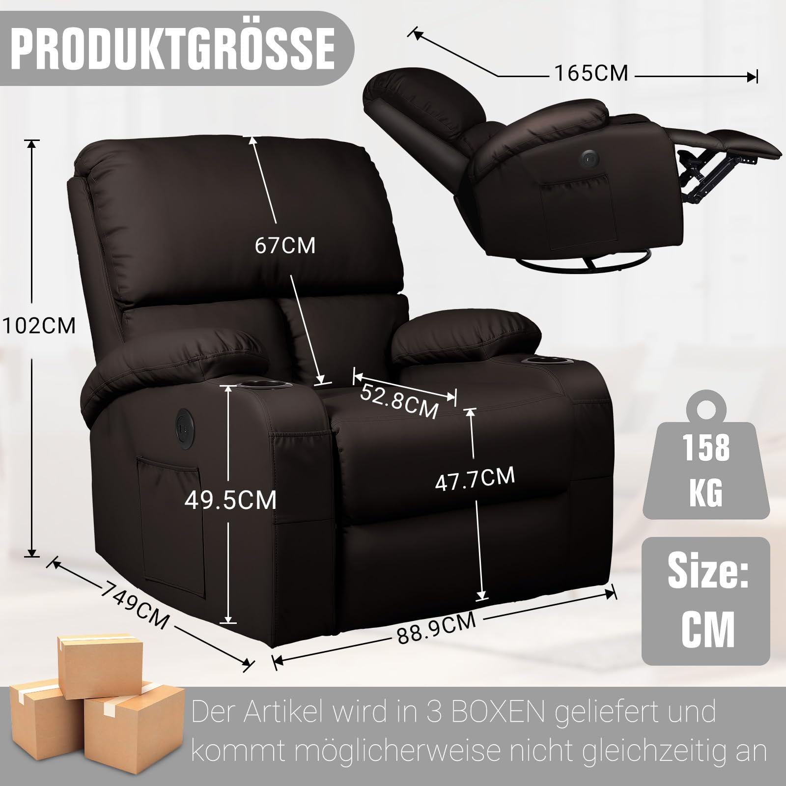 Schaukelstuhl mit Relaxfunktion, Massagesessel mit Vibration und Wärme, USB- und Type-C-Anschlüsse, 360° drehbare Kunstledersessel, Wohnzimmer, Schlafzimmer, Kinderzimmer, Wohnmobil, Braun
