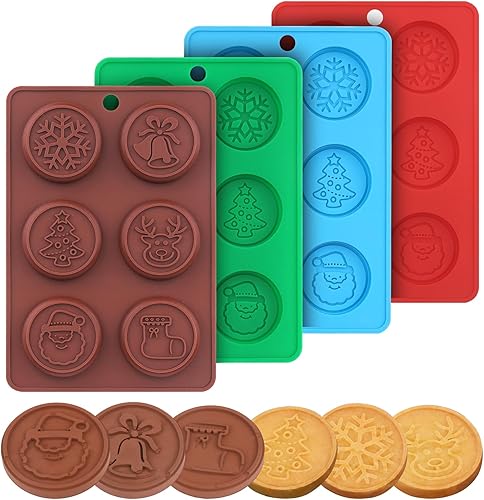 AIERSA Moldes de silicona para chocolate de Navidad, 4 moldes circulares de Navidad para bricolaje de chocolate de Navidad, galletas, dulces,