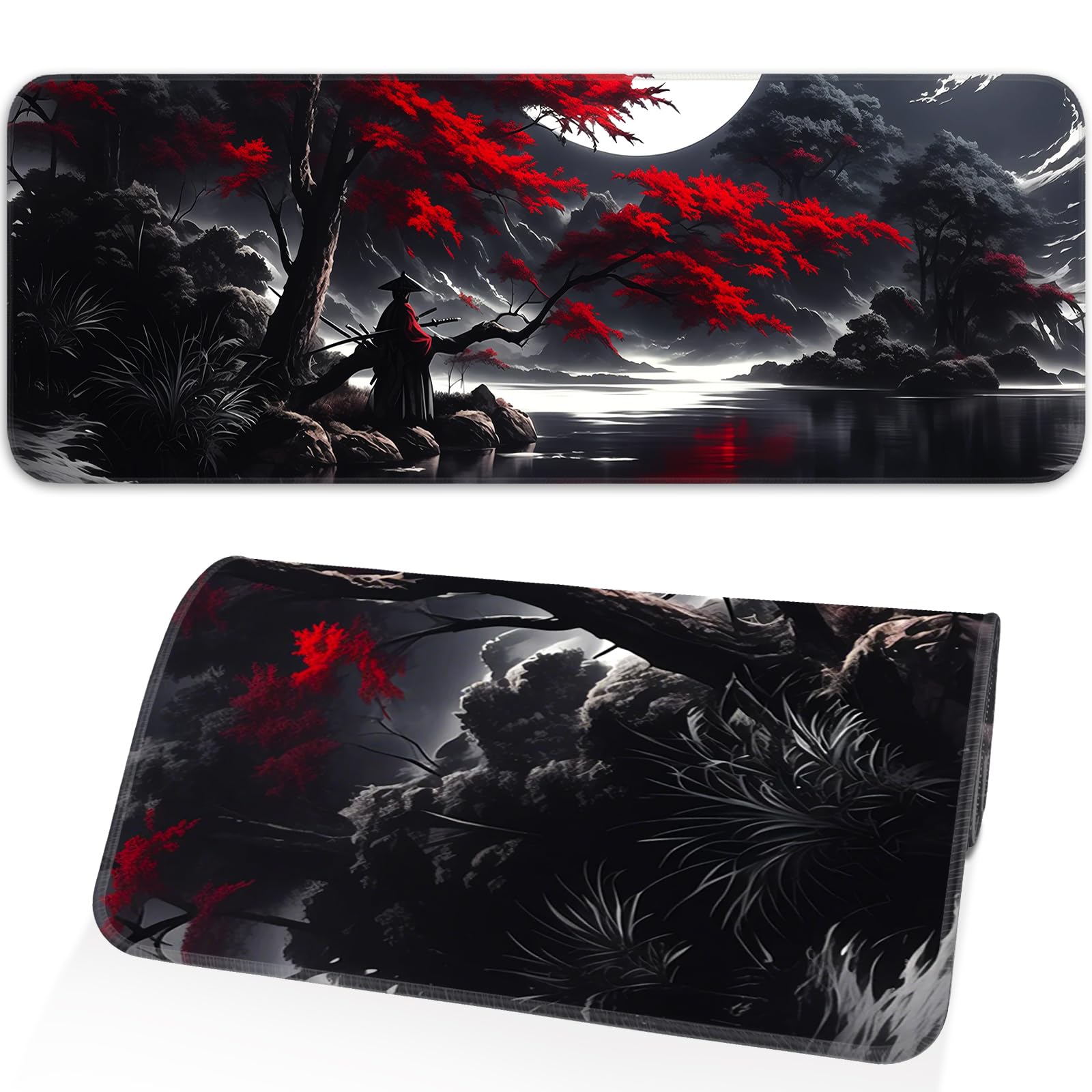 Japanese Dark Red Moon Gaming Mouse Pad, Extended Mouse Pad with Non-Slip Base, Full Keyboard Pad with Stitched Edges, Large Desk Pad for Gaming,