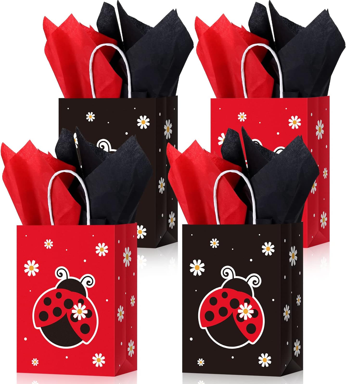 Clabby 16 Count Ladybug Cartoon Party Bags with Handles, Black & Red, 8.3 x 5.9 x 3.2 inches, Birthday & Baby Shower Occasion