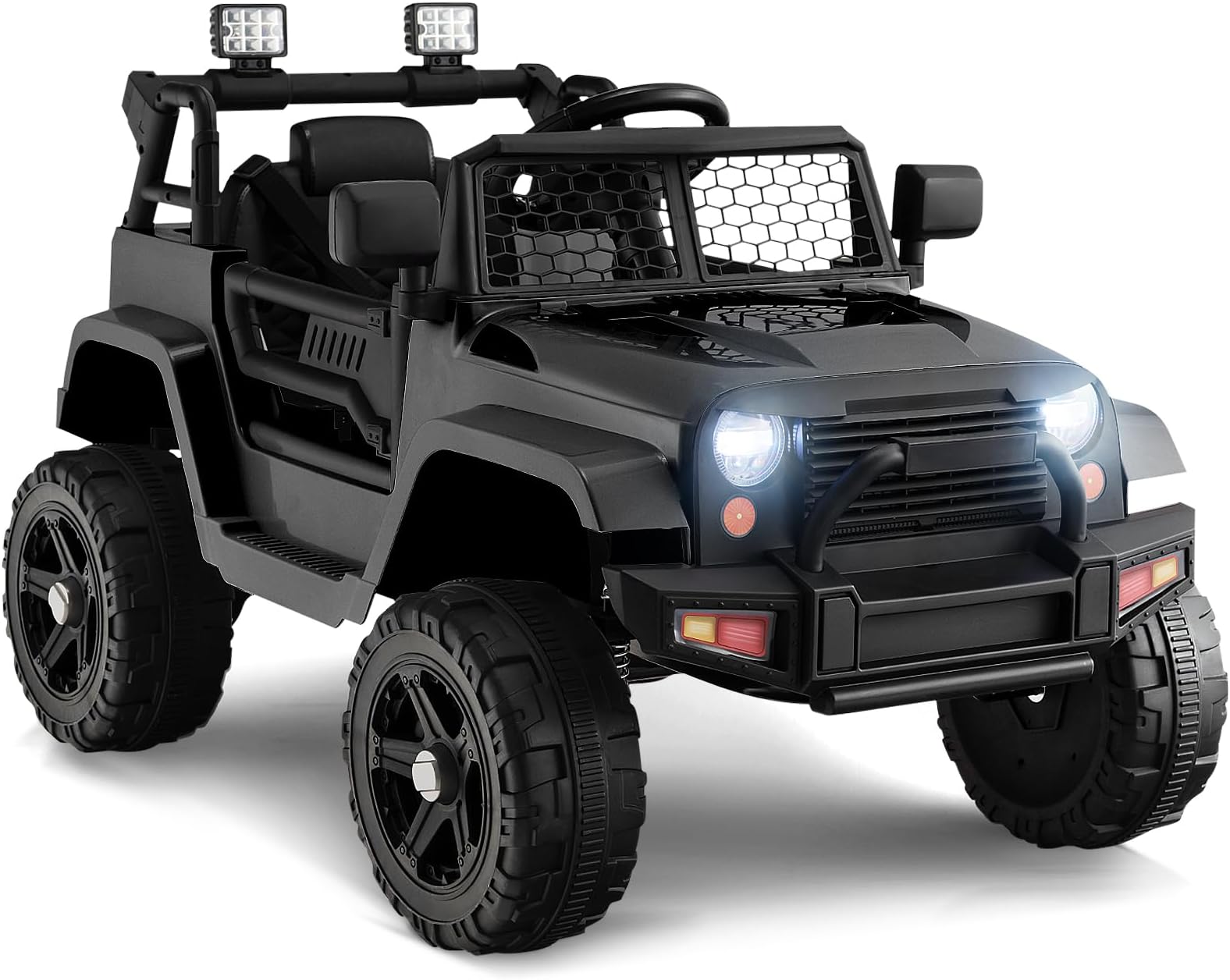GYMAX Kids Ride on Car, 12V Battery Powered Car with Remote Control, MP3, USB/Aux Port, Lights, Music, Horn, Spring Suspension, Safety Belt&Slow Start, Children Electric Truck for 3 Years Old +(Black)