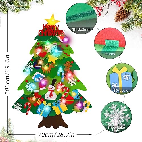 Miniatura 3 de EMPOF Árbol de Navidad de fieltro para pared de niños, árbol de Navidad de fieltro para niños pequeños con coloridas luces de copo de nieve + 32