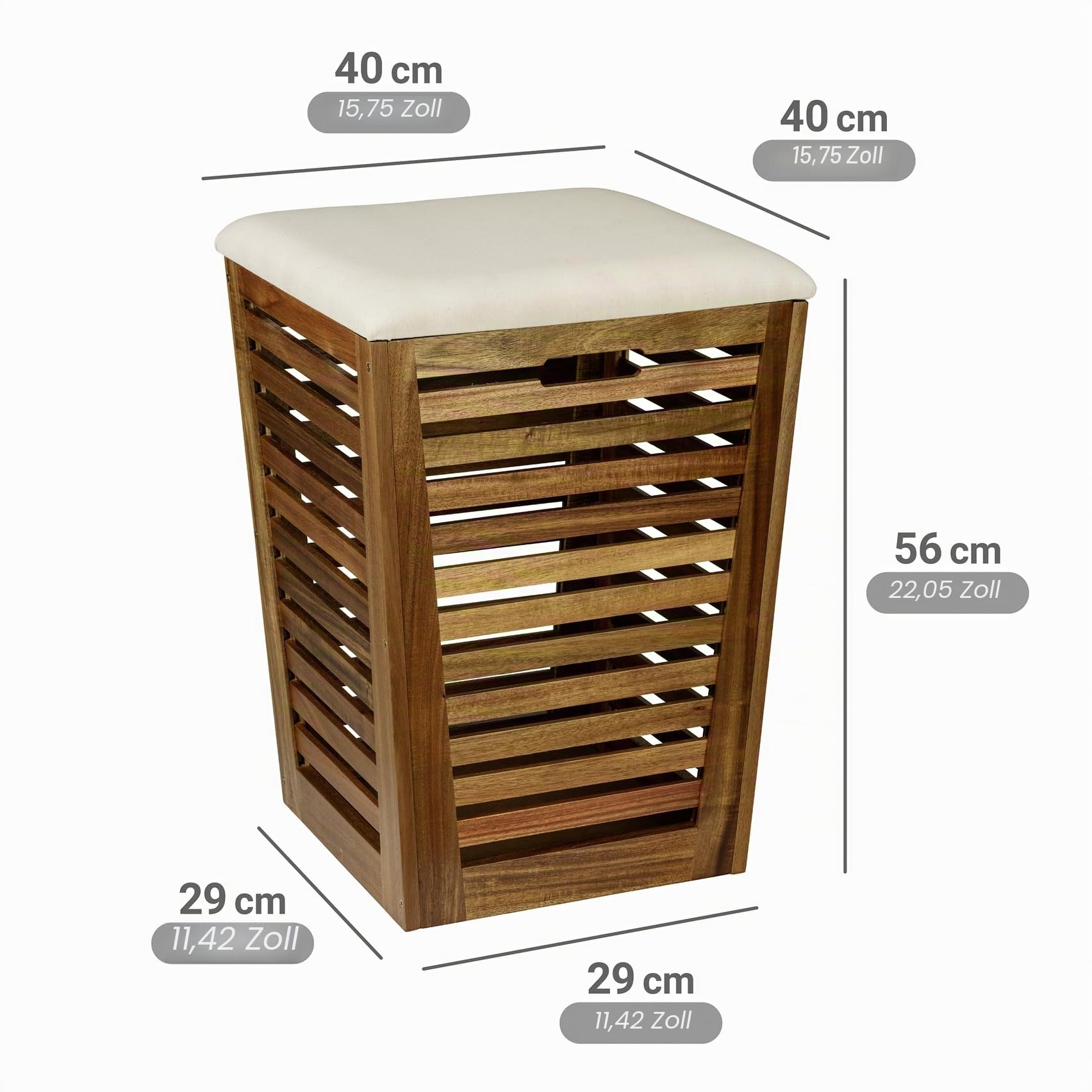WENKO Wäschetruhe mit Sitzpolster Mod. Fondi aus massivem Akazienholz mit 55 L Fassungsvermögen Sitzp. aus 100% Baumwolle Maße 40 x 56 x 40 cm Braun