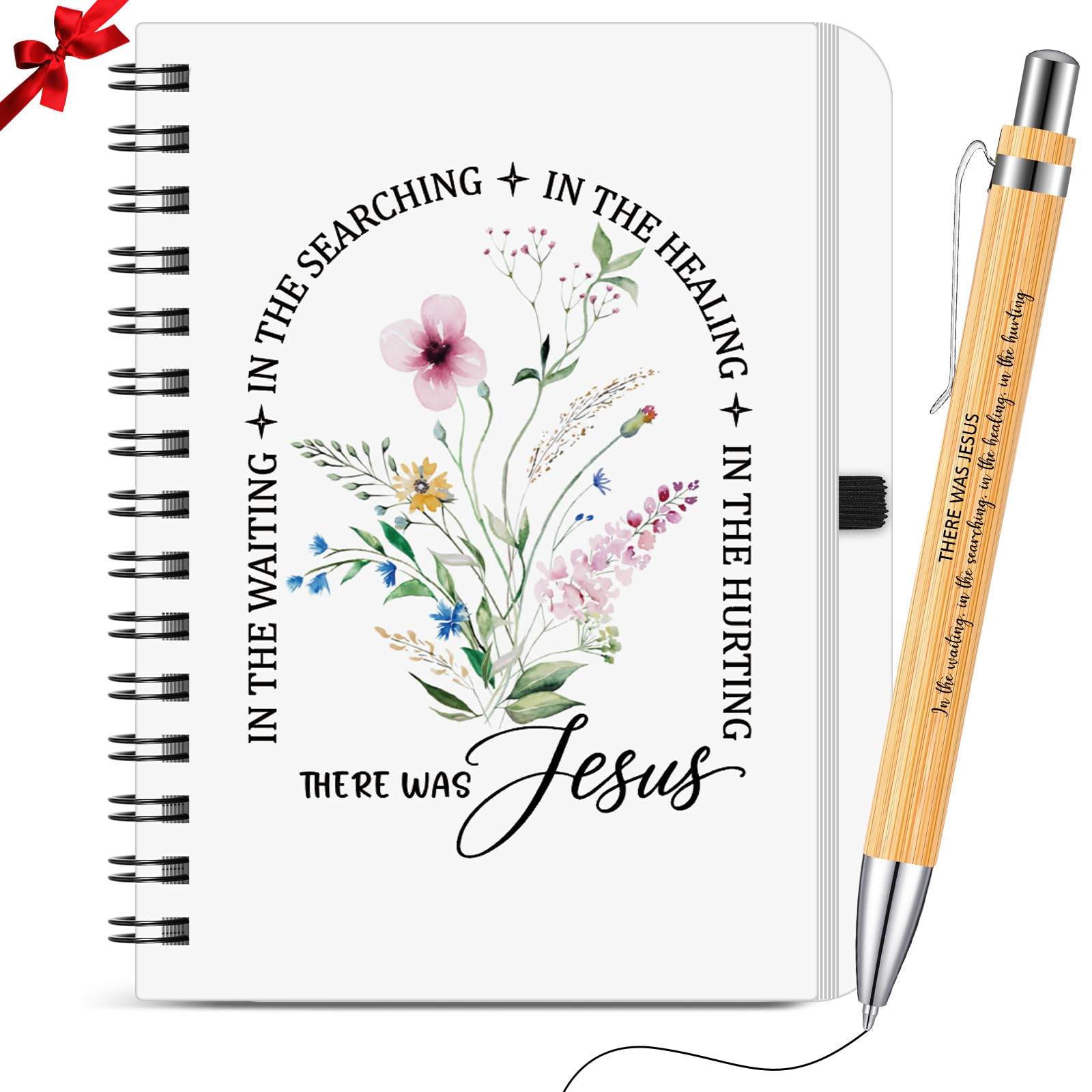 Sinmoe 2 Pcs Christian Gift Set Including Bible Notebook and Wood Christian Ballpoint Pen Floral Bible Verse Prayer Spiral Journal Religious Inspirational Gifts for Women (Style B)