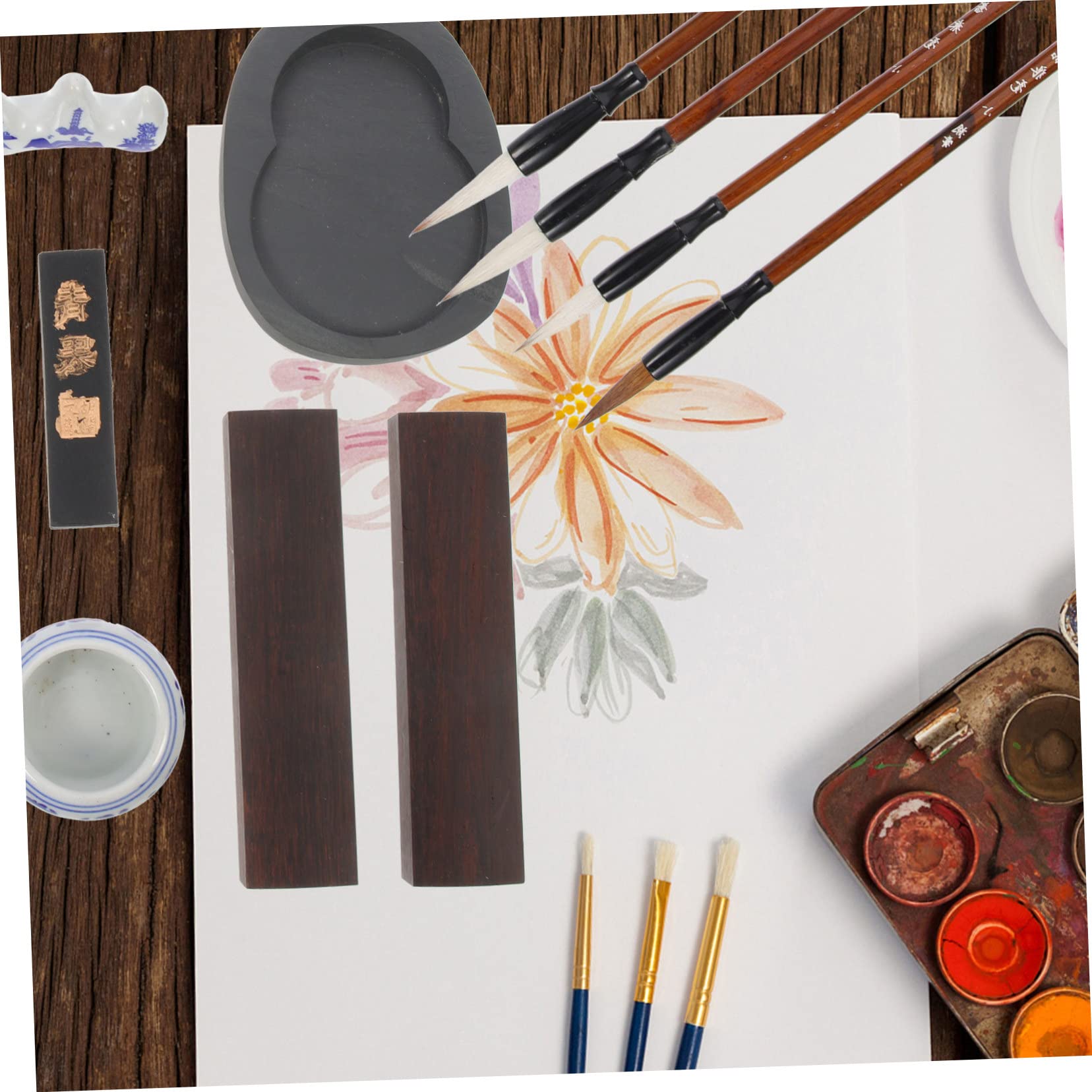PLAFOPE Coffret de Calligraphie 1 Set Pinceaux en Bois Légers et Résistants pour Étudiants, Pierre à Encre et Bâton D'encre, Pratique Calligraphie Dessin