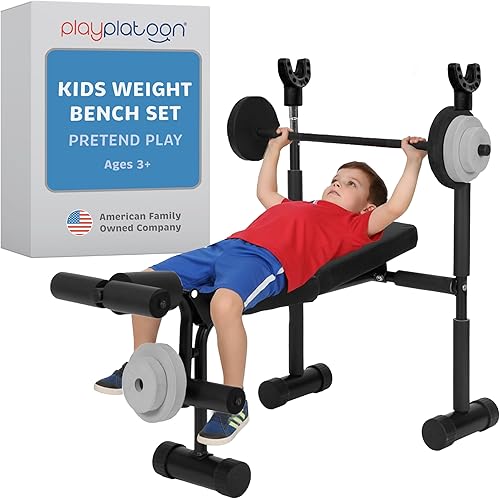 Play Platoon Juego de banco de pesas para niños, equipo de gimnasio para niños para el hogar, juegos de pesas de prensa de banco para niños, juego