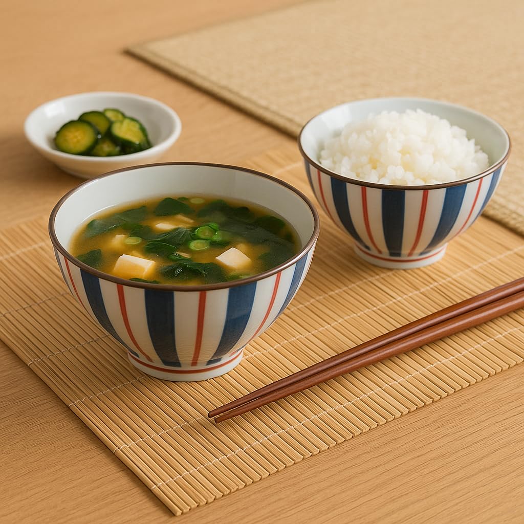 YELONA Japanese Style Ceramic Bowls - 4.8 Inch (300ml), Set of 4 - Striped Design Rice/Noodle Bowls - Microwave & Dishwasher Safe, Ideal for Gifting Choice 1