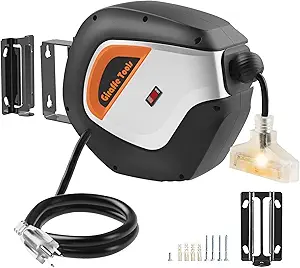 Giraffe Tools DE14 Retractable Extension Cord Reel 50 ft 14/3AWG Power Cord Storage Reel Wall/Ceiling Mount, Lighted Triple Tap Outlet, 50ft, Black Orange