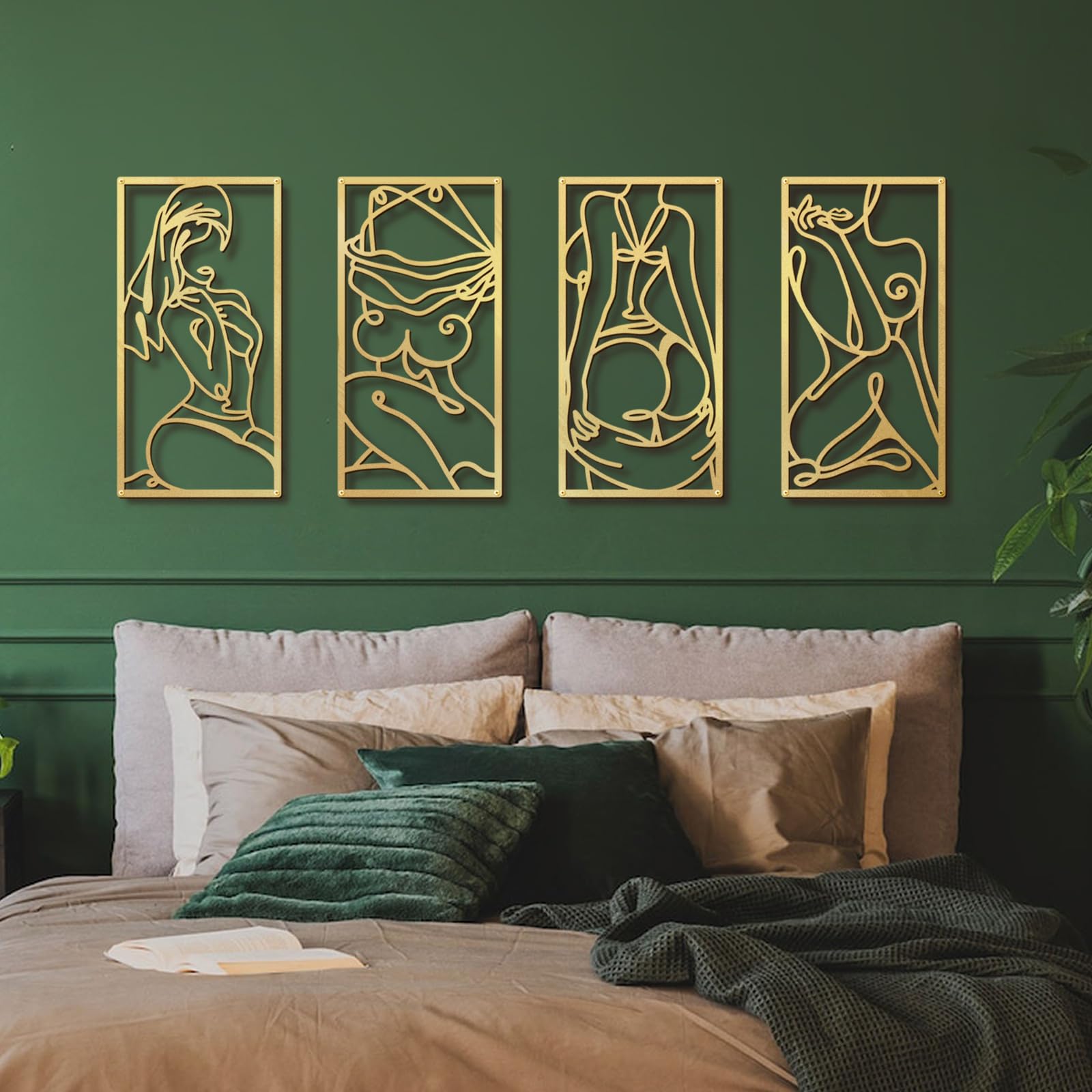 Bakovity Gold Metal Bathroom Wall Art Minimalist Line Art Wall Decor Gold Abstract Modern Wall Decor for Bathroom Living Room Bedroom (4 Pcs,17 x 9 in