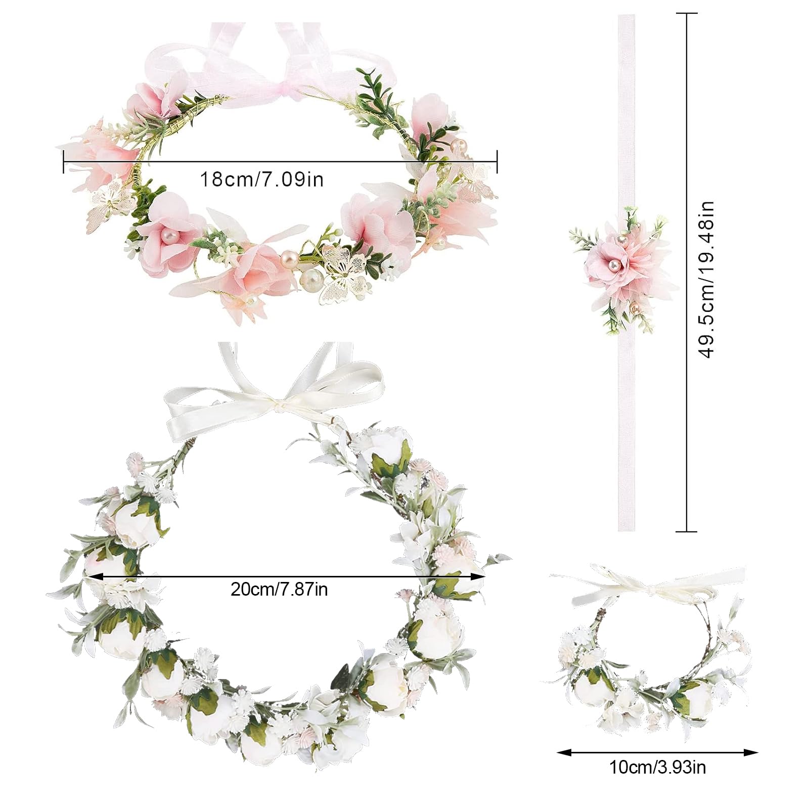 Lot de 2 Couronnes de Fleurs Bandeau, Rose Accessoires de Cheveux avec Bracelet pour Mariage, Festival, Fête, Plage (Rose et Blanc)
