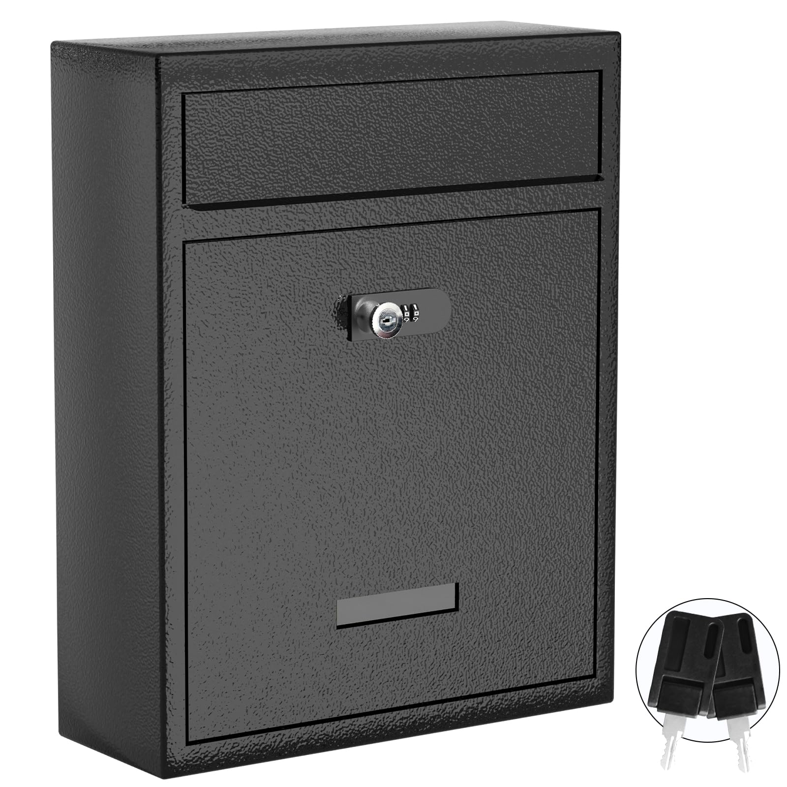 Wall Mount Mailbox With Key & Combination Lock – 16 Inch Metal Security Drop Box, Waterproof With Transparent Window, Black Finish For Outside Use