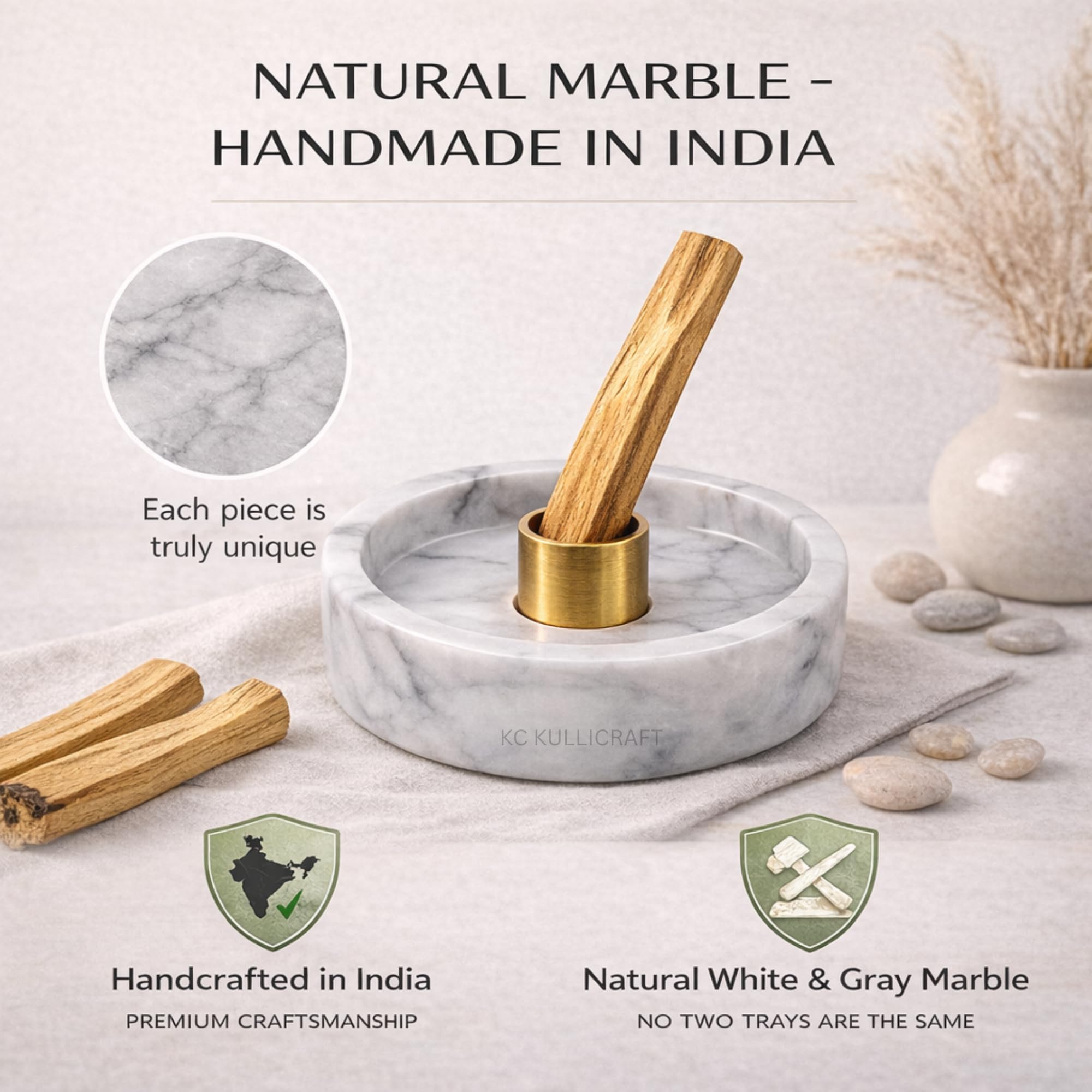 KC KULLICRAFT Natural Marble Bowl and Brass Palo Santo and Incense Holder 2