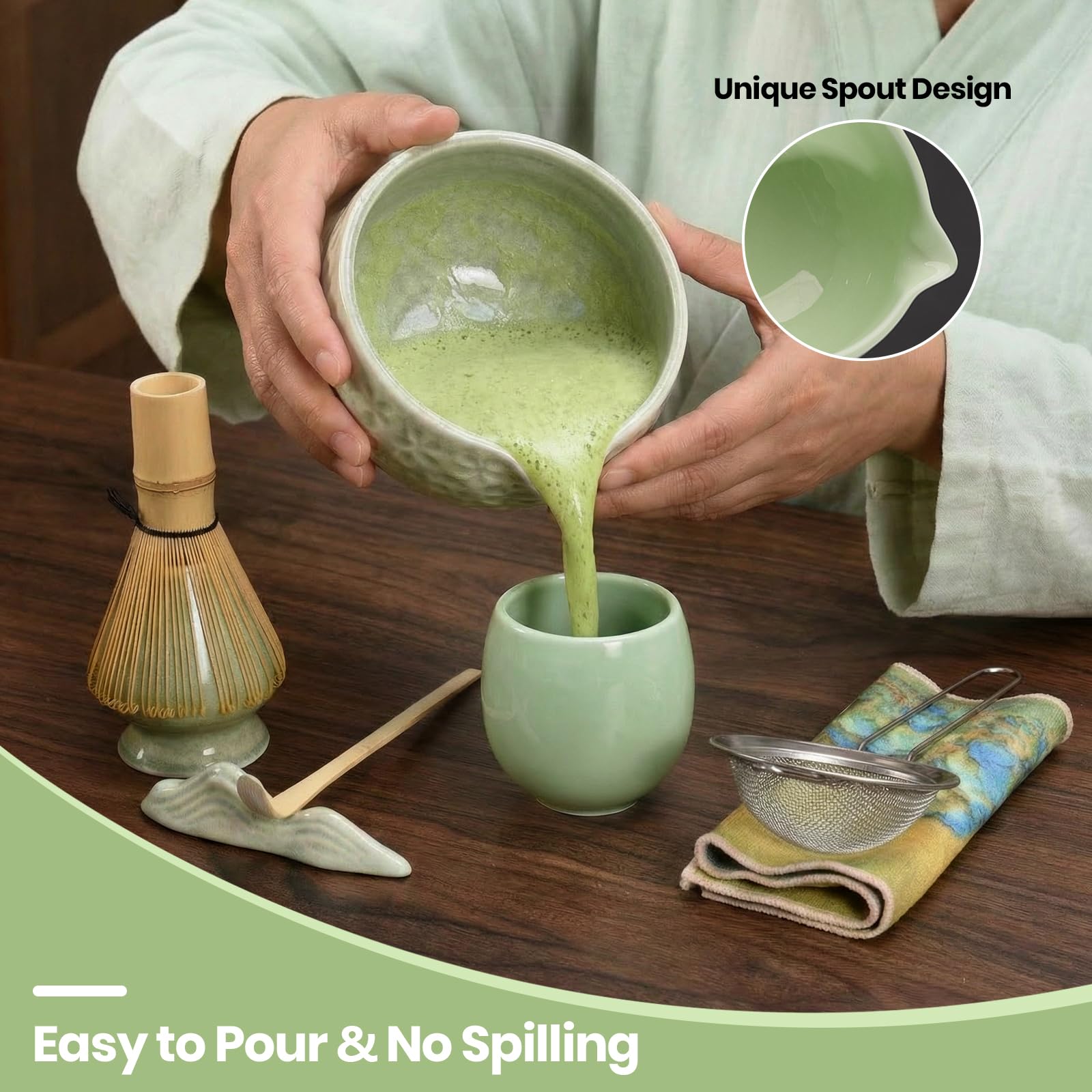 Matcha Kit | Set de Regalo de Ceremonia del Té Matcha 9 Piezas | Cuenco 560ml, Batidor, Cuchara de Bambú, Soporte, Posavasos, Frasco y Colador | Ideal para Principiantes y Entusiastas (Verde)