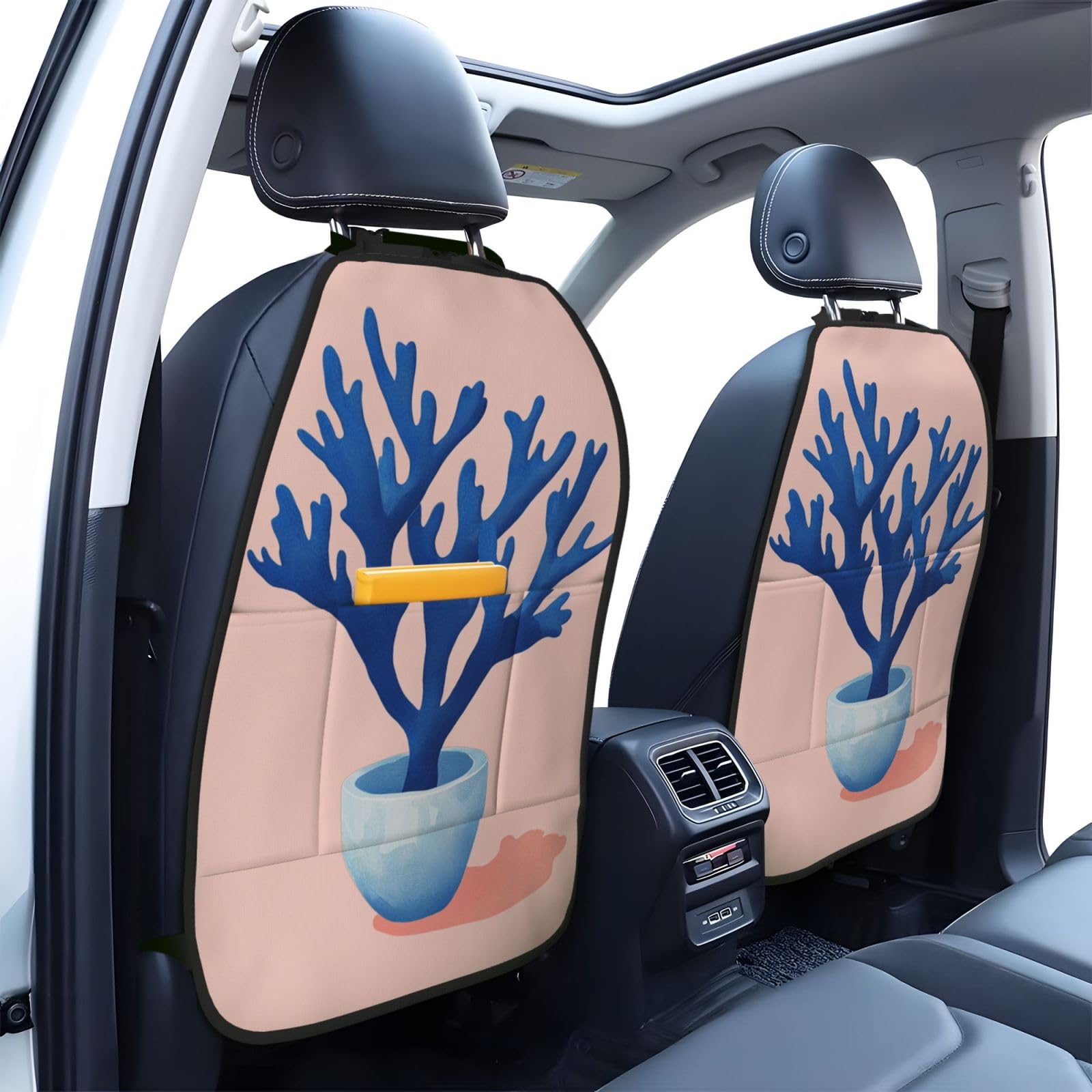 Abstract Blue Plants Minimalistic Car Seat Back Kick Protectors,2 Pack Kick Mats with Storage Pockets for Vehicles to Protect from Dirt Mud Scratches