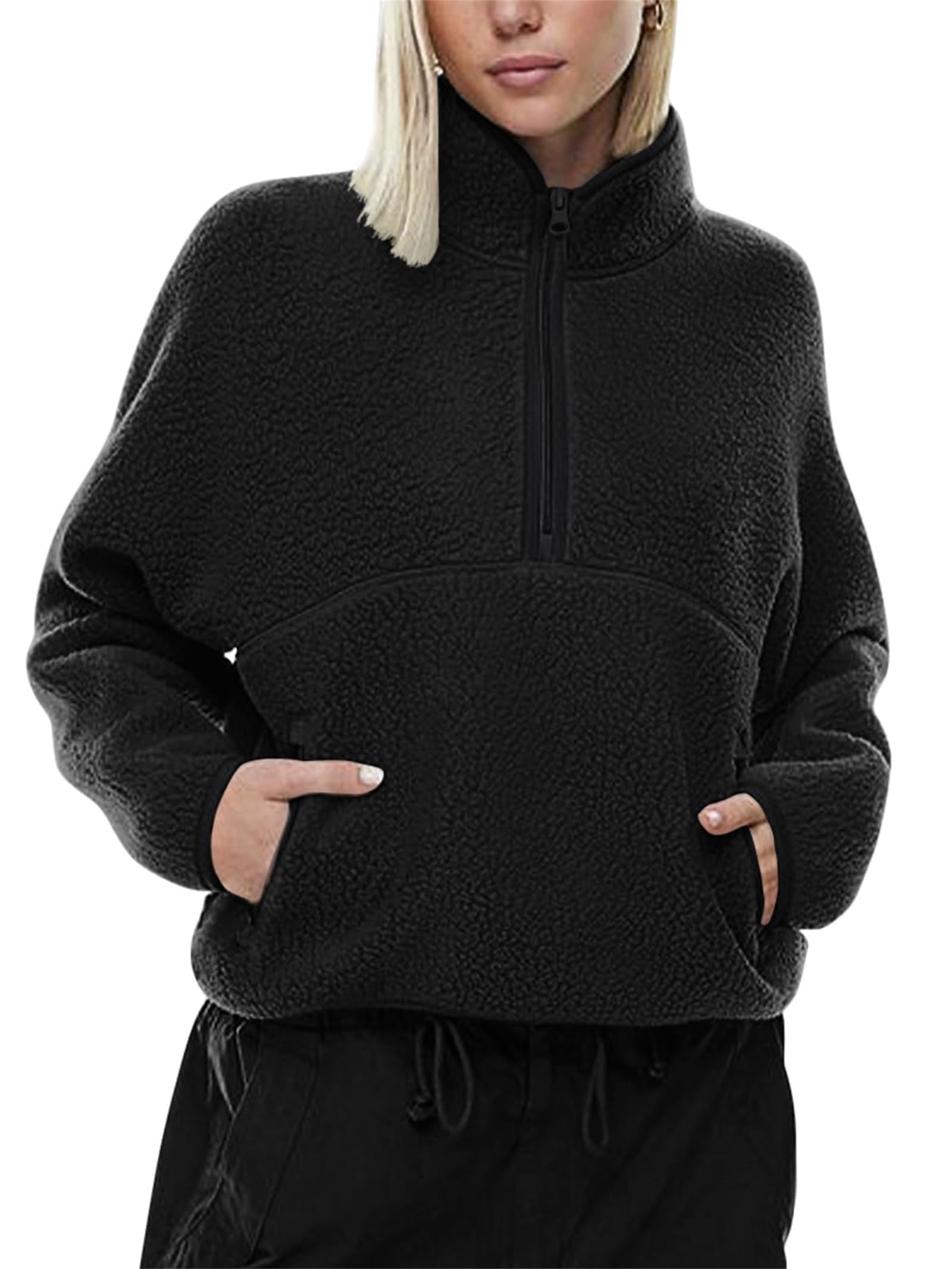 Damskie polarowe przycięte rozpinane bluzy z zamkiem błyskawicznym, sweter sherpa damski puszysty polar do połowy zamek błyskawiczny, z kieszeniami