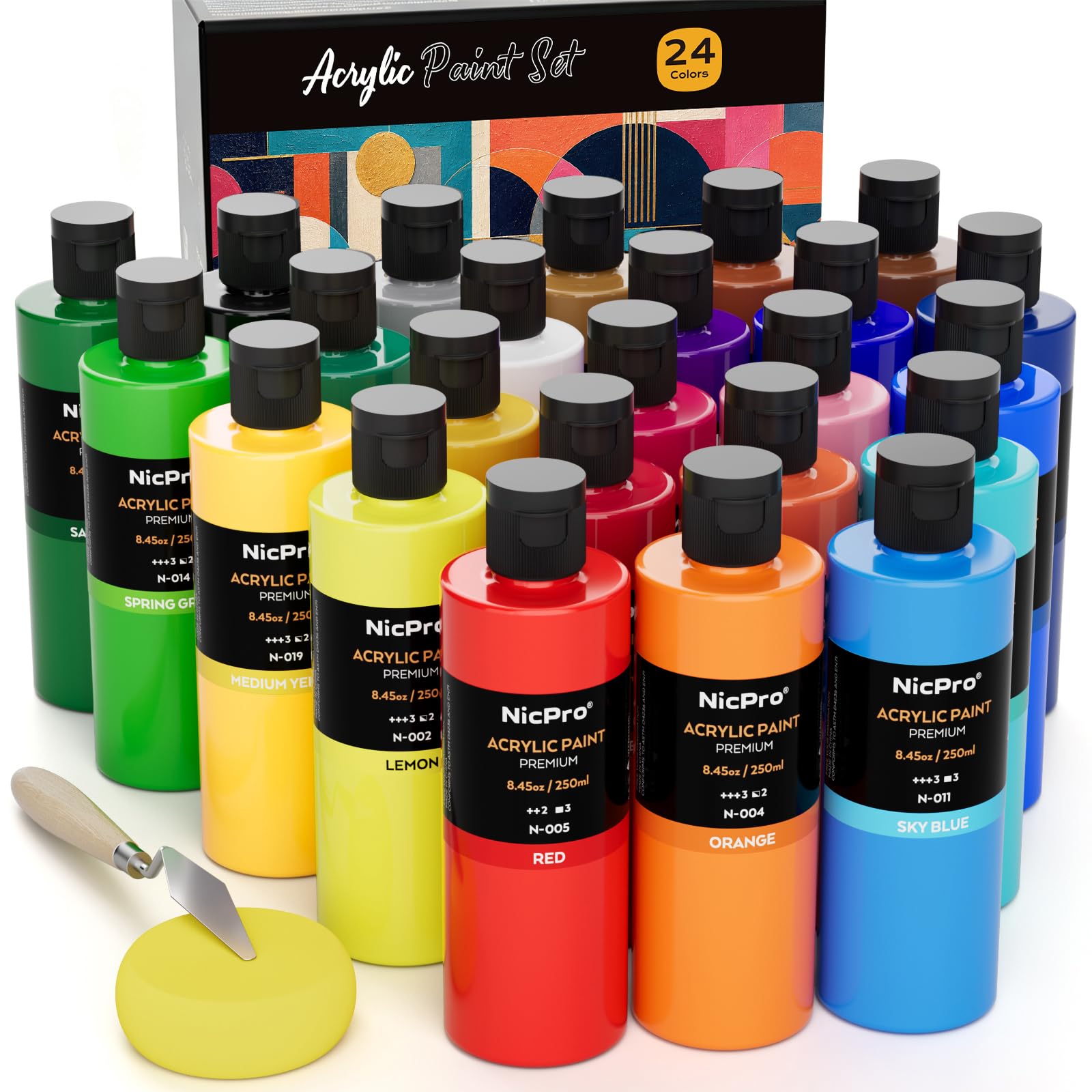 24 Colors Large Bulk Acrylic Paint Set for Artist (8.45 oz, 250 ml)