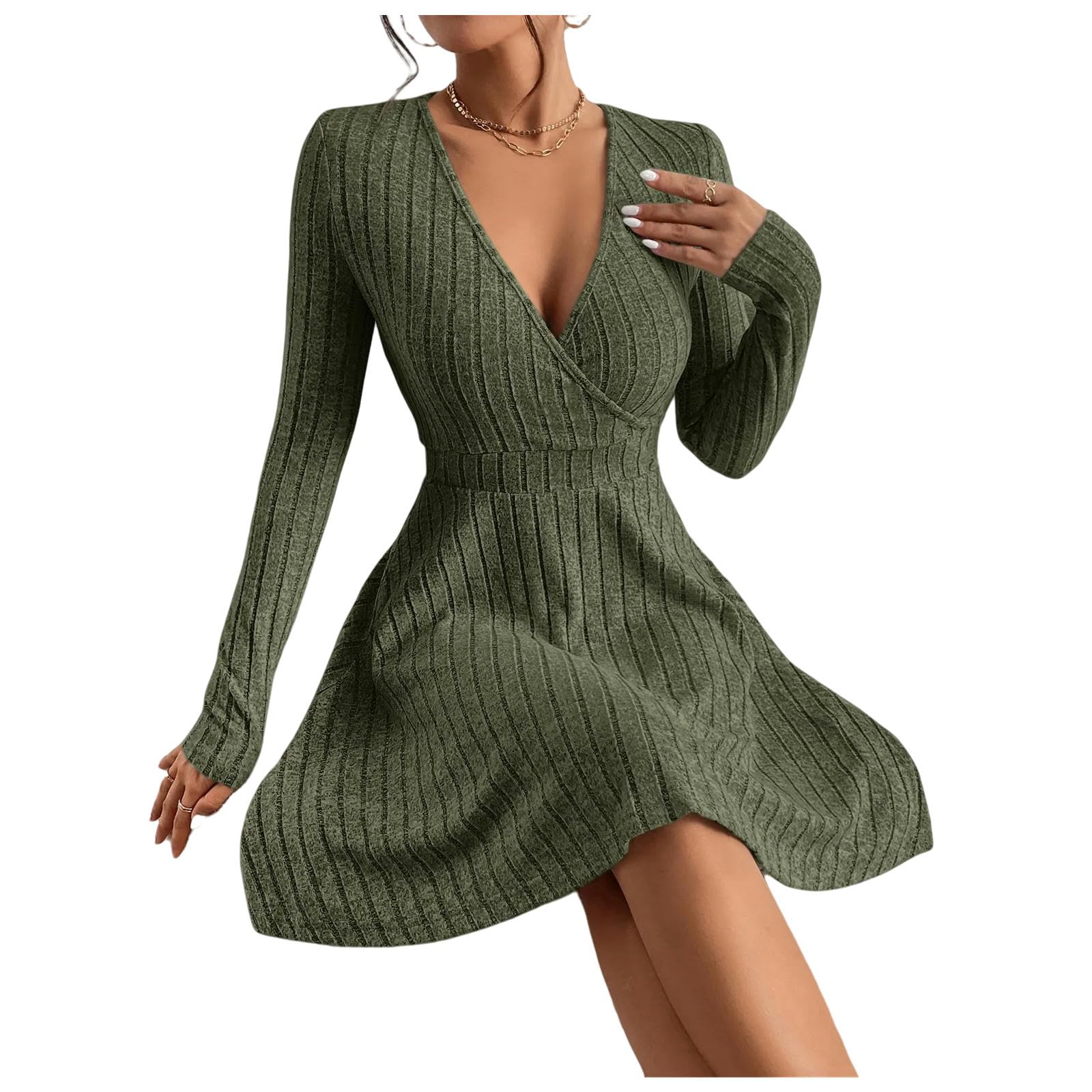 Vestito per Le Donne Autunnali Invernali in Maglia Slim Sexy Bodycon Dress Abito A Maniche Lunghe A V-Collo-Army Green-m