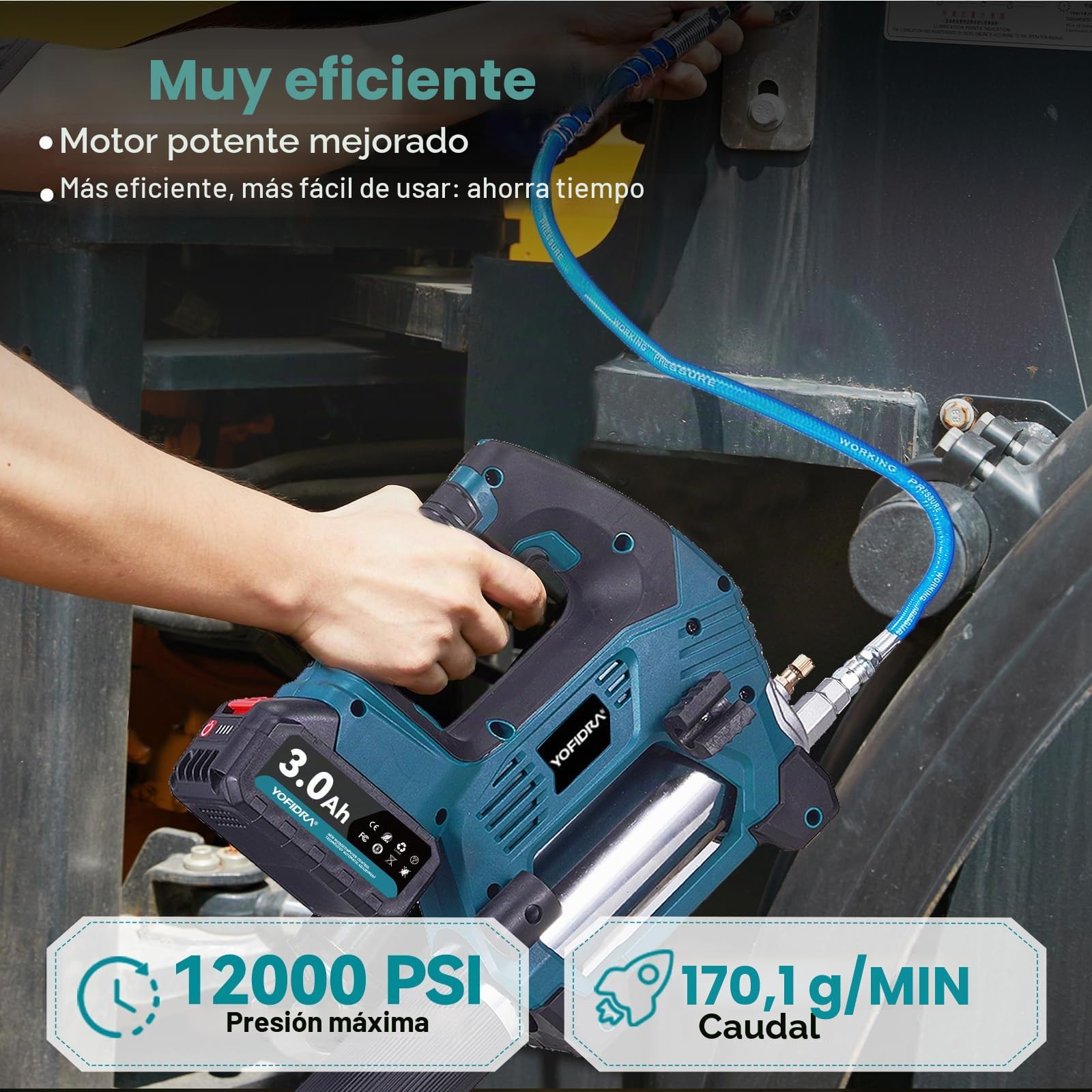 Yofidra Engrasadora Batería Kit, Pistola Engrasadora Sin Escobillas con 2 Baterías de 3.0 Ah, 12,000 PSI, Caudal de 170 ml/min, 3 Niveles, Eficiente para Tractores, Camiones y Maquinaria