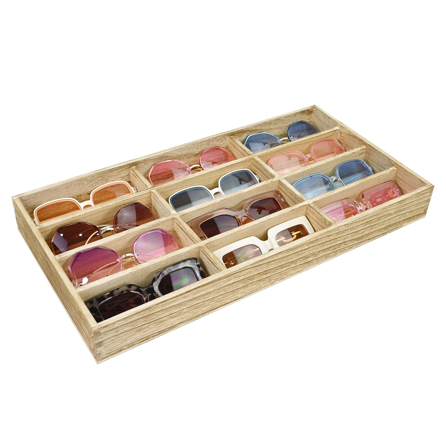 MOOCA Open Top Eyeglass and Sunglasses Storage Wood Case with 12 Compartments - Ideal for Small to Medium Eyewear and Jewelry, Oak Color