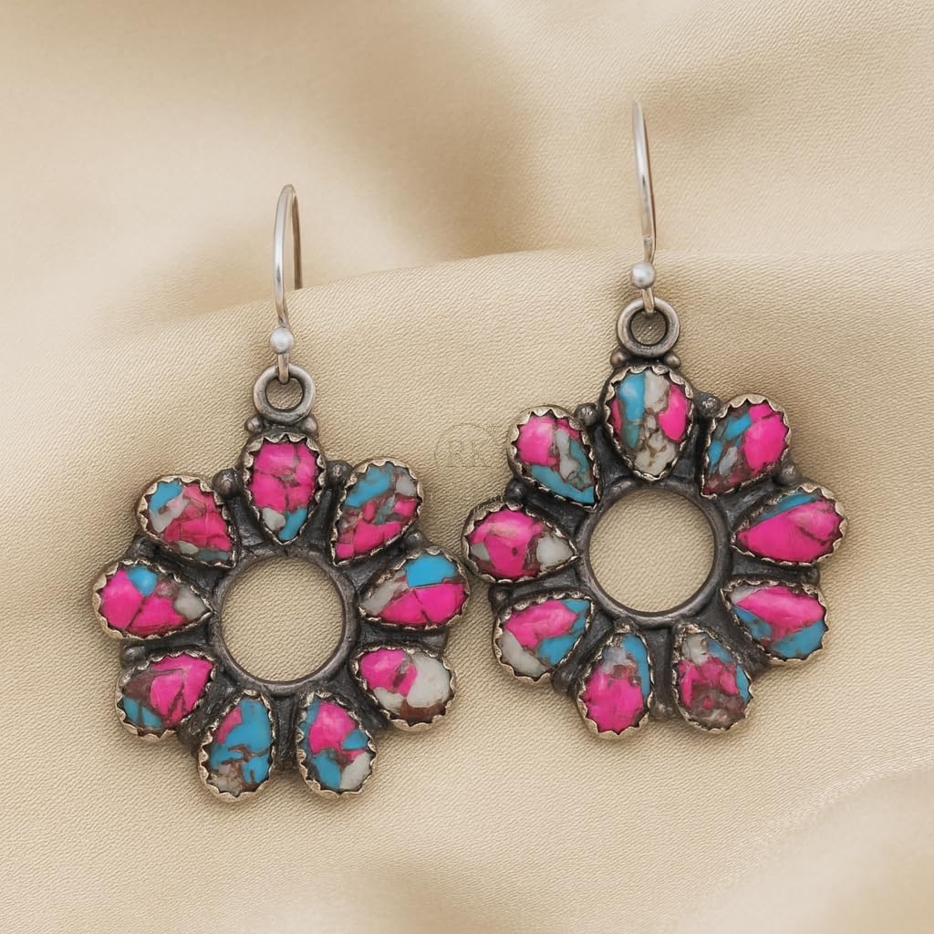 Cotton Candy Turquoise Pink And Blue Stone Earrings 925 Sterling Silver Handmade Boho Earrings For Women