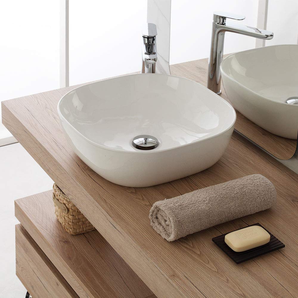 Inbagno Lavabo da appoggio Bianco Lucido in Ceramica, 42,5 x 42,5 x h.14,5 cm, Lavandino Bagno con Design Moderno