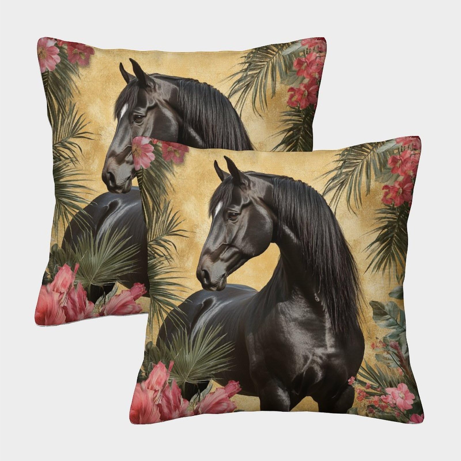 kaiyun 2 Pack Beautiful Black Horse Pillow Case Home Decoration Sofa Exotic Flowers And Leaves Cushion Cover 50x50cm