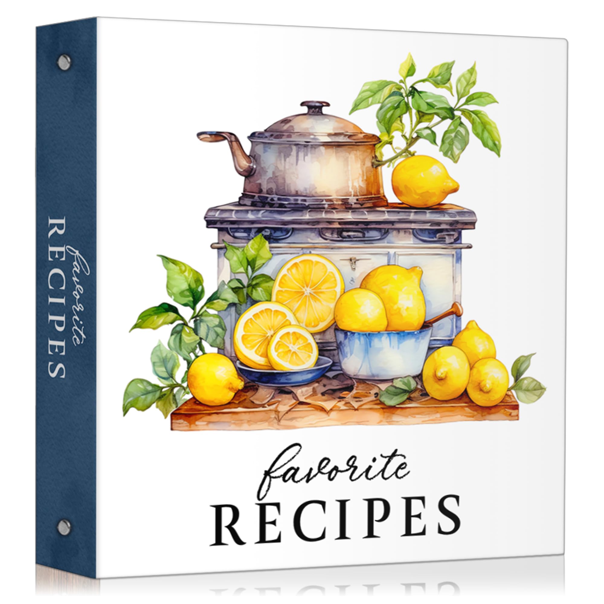 Raccoglitore per ricette da cucina vintage, 28 x 30,5 cm, bianco e blu con design di pentole e limoni, 25 fogli di ricette, 25 pagine protettive, 12 divisori colorati, tabella di conversione