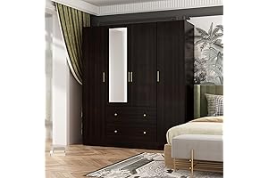 Hitow Wardrobe Armoire Closet with Mirror Door: A Roomy Wooden Wardrobe Custodian for Clothing