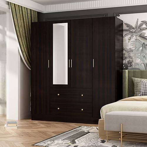 Hitow 4 Door Wardrobe Armoire Closet with Mirror Door, 63" W Wooden Cabinet with 2 Drawers & Hanging Rod, Bedroom Armoire Dresser Wardrobe Clothes Organizer, Espresso