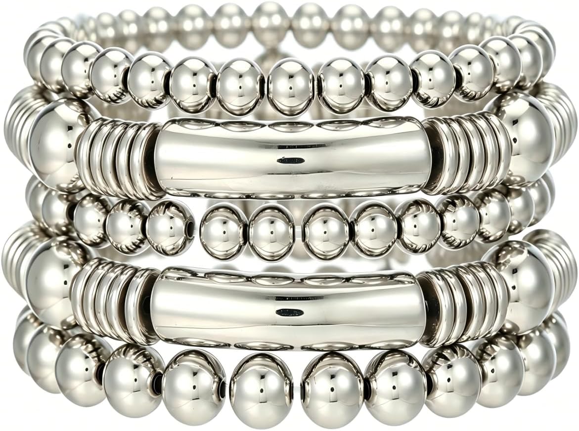 5Pcs Gold Bead Bracelets Set for Women,14K Gold Plated Stackable Bead Ball Bracelets Set,Adjustable Chunky Bangles Bracelets,Boho Stretch Bead Ball Bracelet for Women