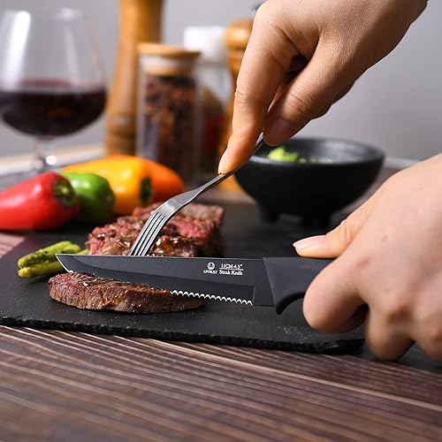 Miniatura 2 de UPTRUST Juego de 6 cuchillos para carne, acero inoxidable de alto carbono, aptos para lavavajillas, color negro elegante