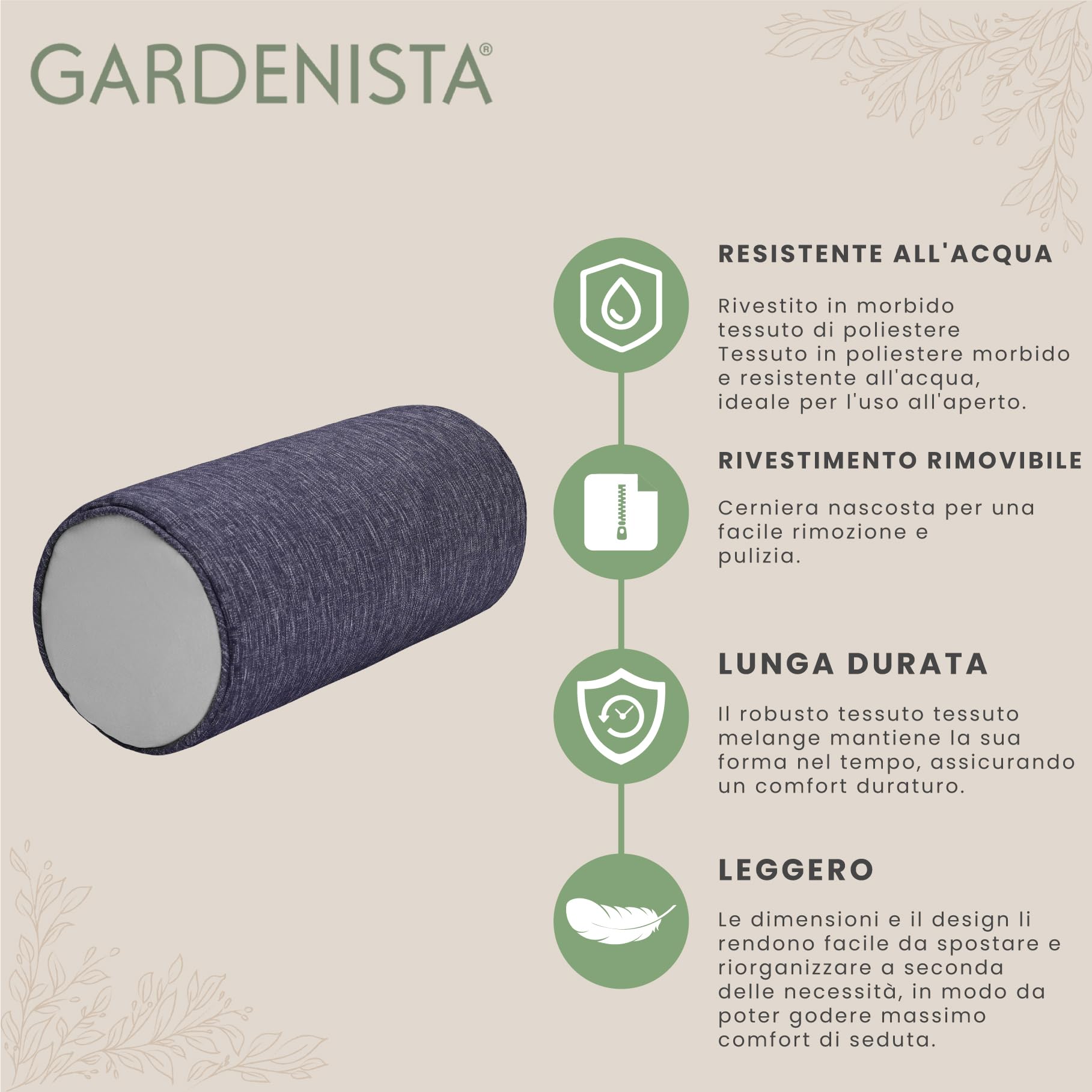 Gardenista Cuscini per Esterni Round Bolster | Impermeabili e Resistenti alle Intemperie 50x20cm Cuscino | Protetti Contro i Raggi UV, Materiale Durevole | Comodi per Giardino (Grigio)