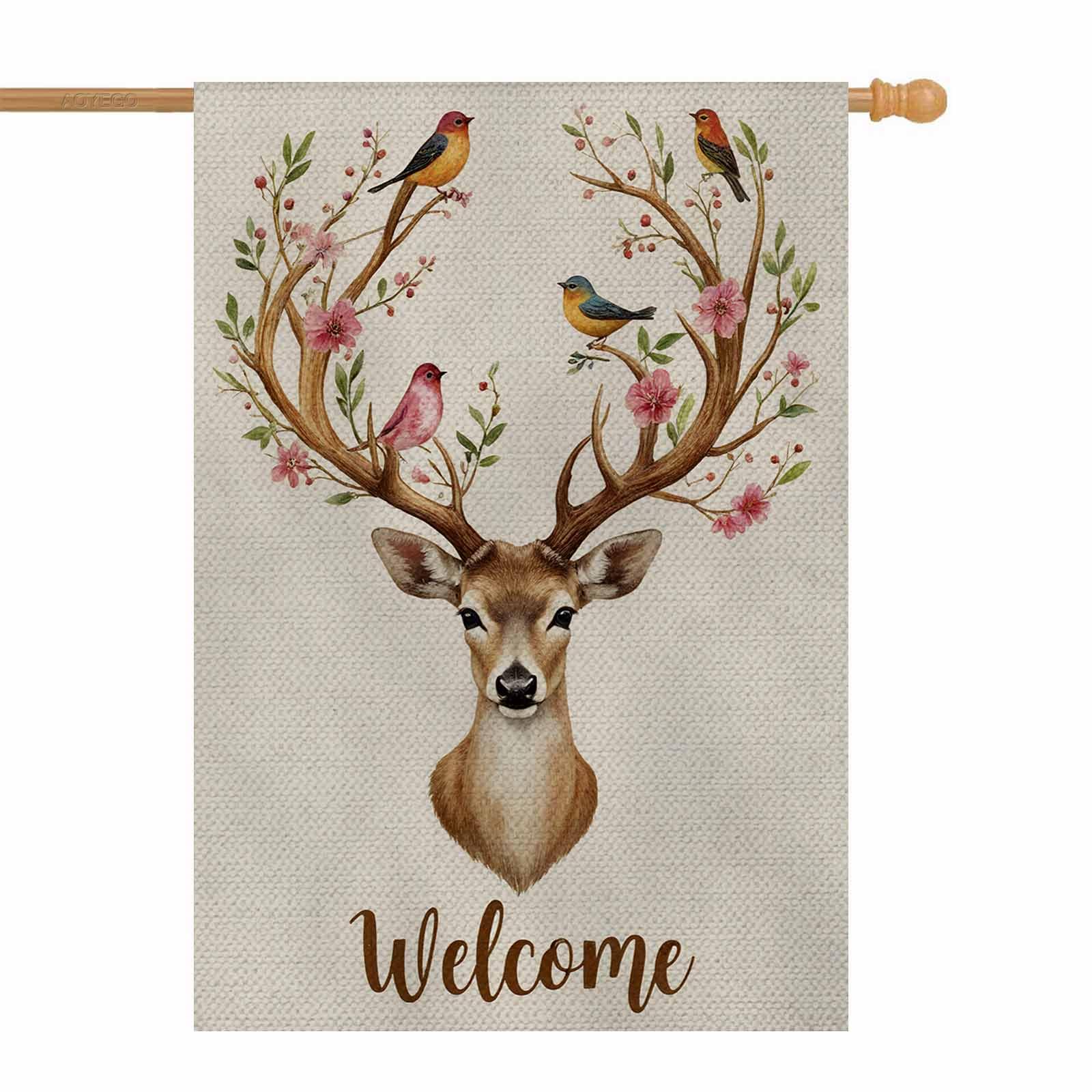 AOYEGO Deer Welcome House Flags 28 x 40 Double Sided Burlap Watercolor Deer Big Antlers Flowers and Birds on the Horns Yard Flags Spring Summer Farmhouse Seasonal Outdoor Flag