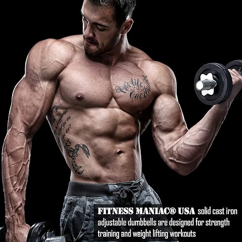 Miniatura 2 de Fitness Maniac USA 200 libras ajustable mancuernas set de pesas de hierro fundido sólido, ideal para entrenamiento de fuerza, levantamiento de