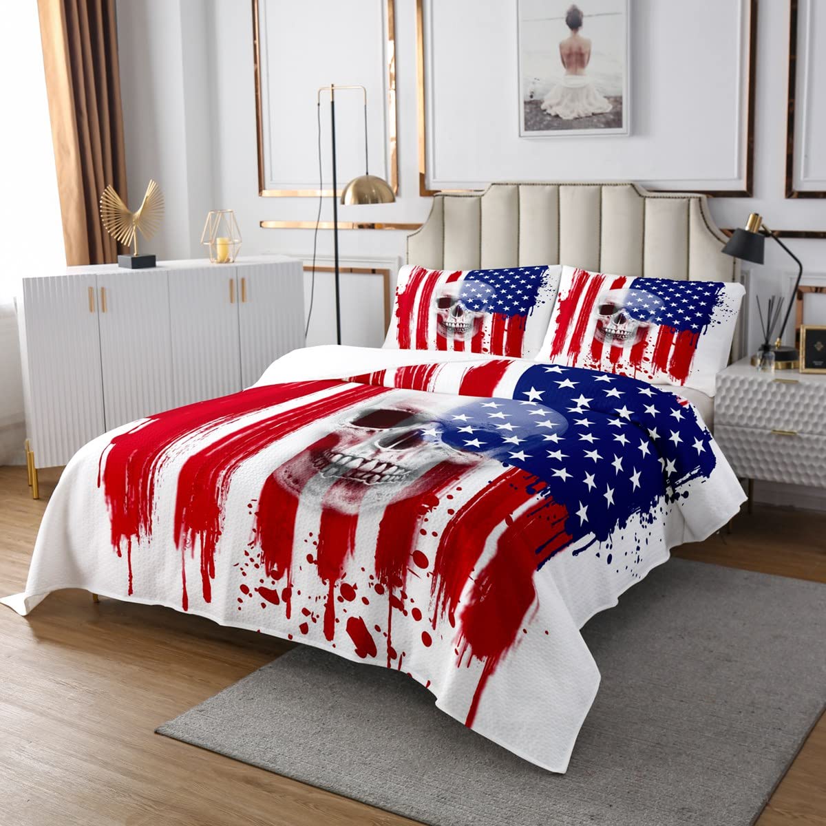 Kołdra z motywem trupiej czaszki, flaga amerykańska, gotycki szkielet, zestaw pościeli dla dzieci i chłopców, do sypialni, prezent, Blue Stars Art flaga USA, poliester, pikowana, 2 sztuki, 170 x 210