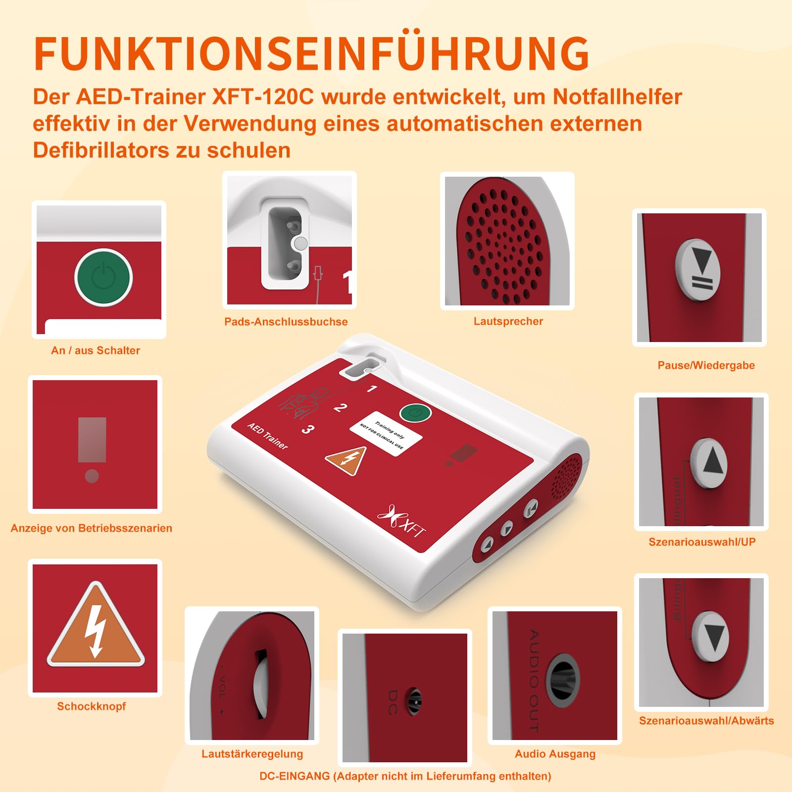 AED Trainer Deutsch, AED Trainingsgerät 10 Verschiedene Szenarien Deutsch&Englisch Sprachansagen mit Fernbedienung AED-Trainer mit CPR Lehrgerät für Erste-Hilfe-Schulungen XFT-120C