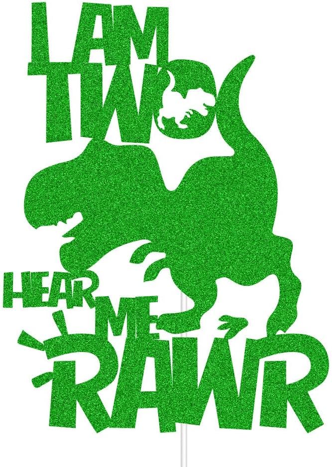Image of I'm Two Hear Me Rawr Cake Topper | Green Glitter Cake Topper for Second Birthday | Animal Theme Happy Birthday Cake Decorations | Birthday Party Decorations | Kids Party
