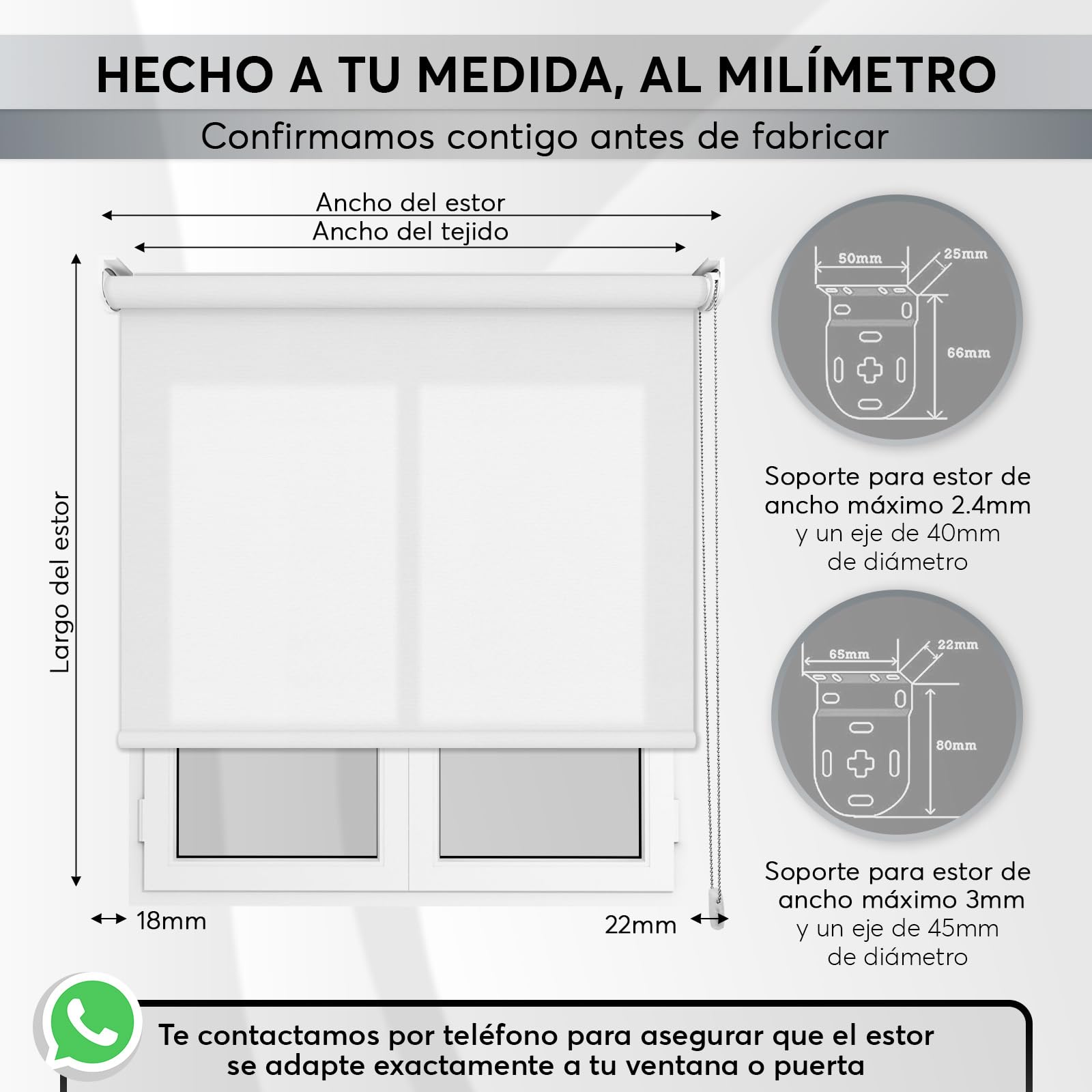 Estor Enrollable Translúcido Blanco a Medida - 120 Ancho x 180 Alto cm - Paso de Luz sin Visibilidad - Persiana para Ventanas, Puertas o Cocina - Instalación en Pared o Techo