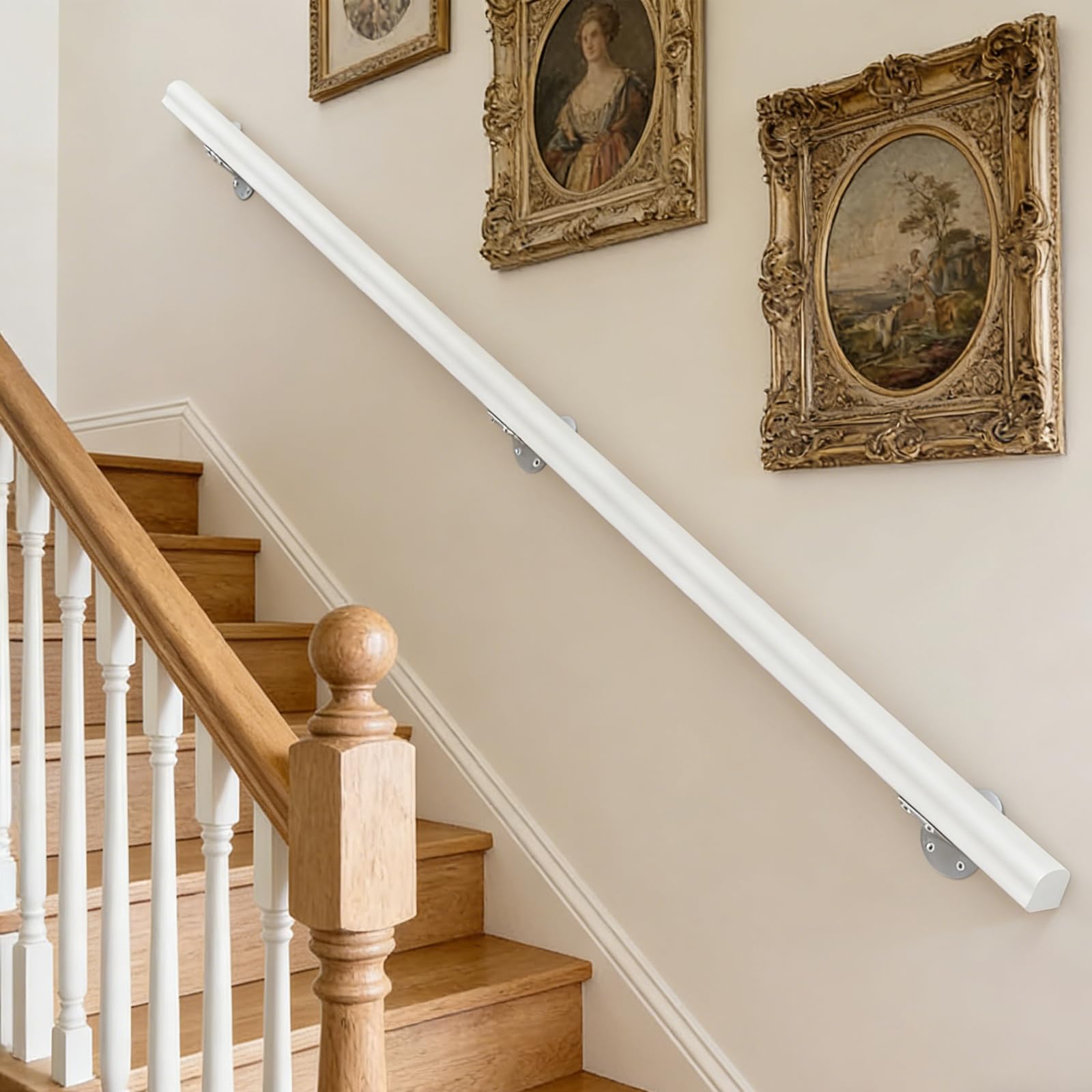 Dawselod 200cm White Wooden Handrail,Non-Slip Home Staircase Handrails Heavy Duty Safety Rail for Indoor & Outdoor Stairs, Corridors, Lofts & Patios, for Elderly, Children & Disabled Users