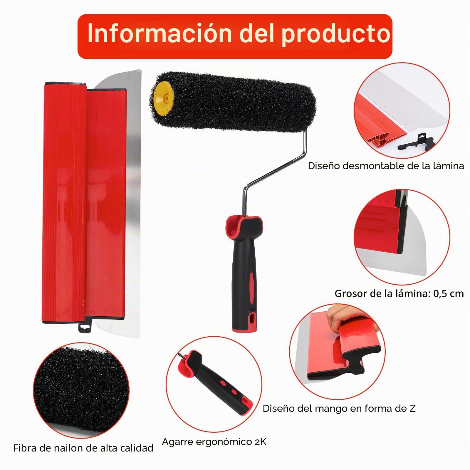 Espátula de superficie de 40 cm/16 pulgadas con rodillo de 23 cm, rodillo para masilla, hoja de acero inoxidable, espátula + rodillo de revestimiento, herramienta para gran área de trabajo, decoración