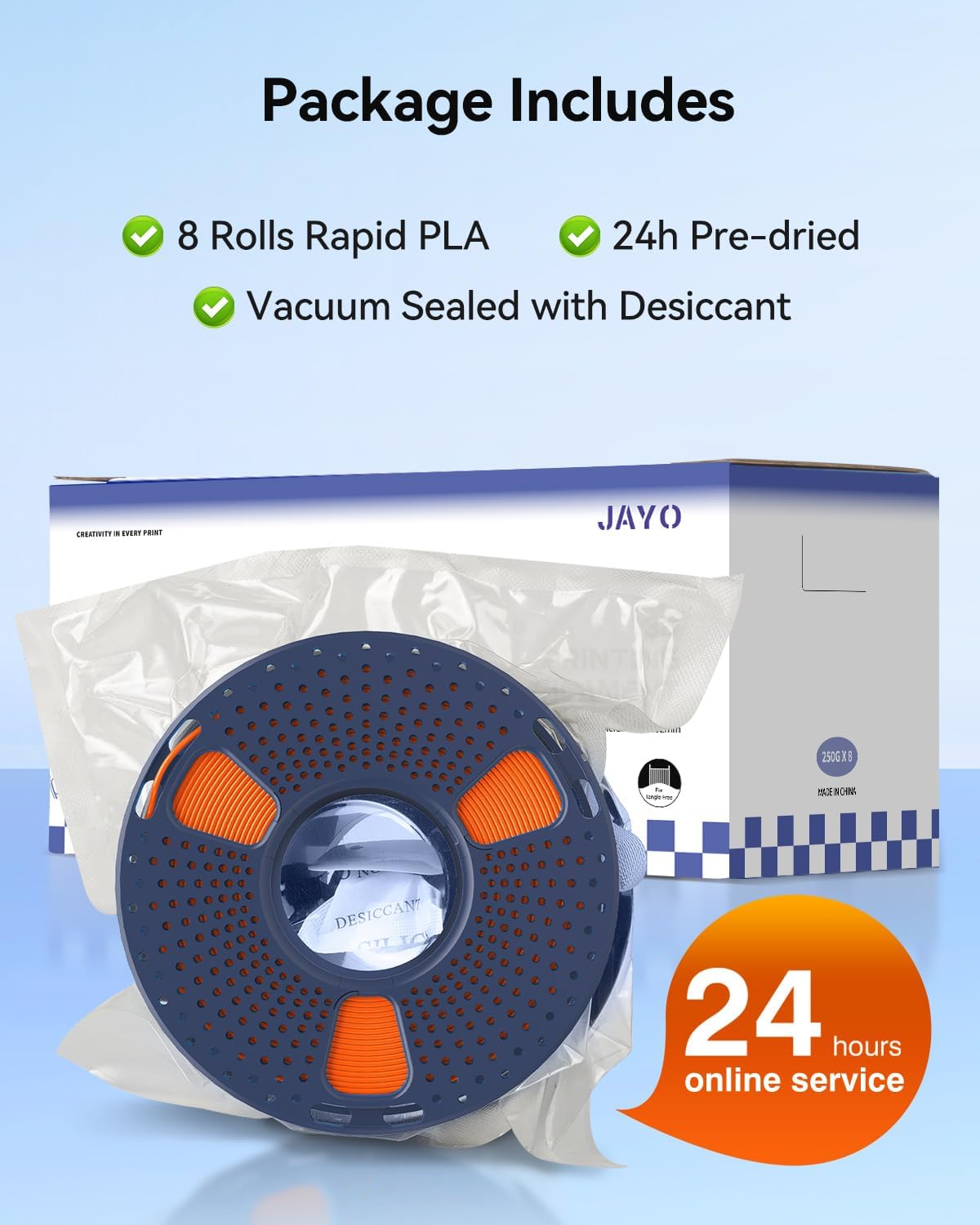 JAYO PLA+ Filament Bundle 1.75mm, PLA 3D Printer Filament Bundle Multicolor, 250g Spool, 8 Pack, 2KG in Total (Black, White, Gray, Mint Green, Lemon Yellow, Sunshine Orange, Cherry Red, Sky Blue)