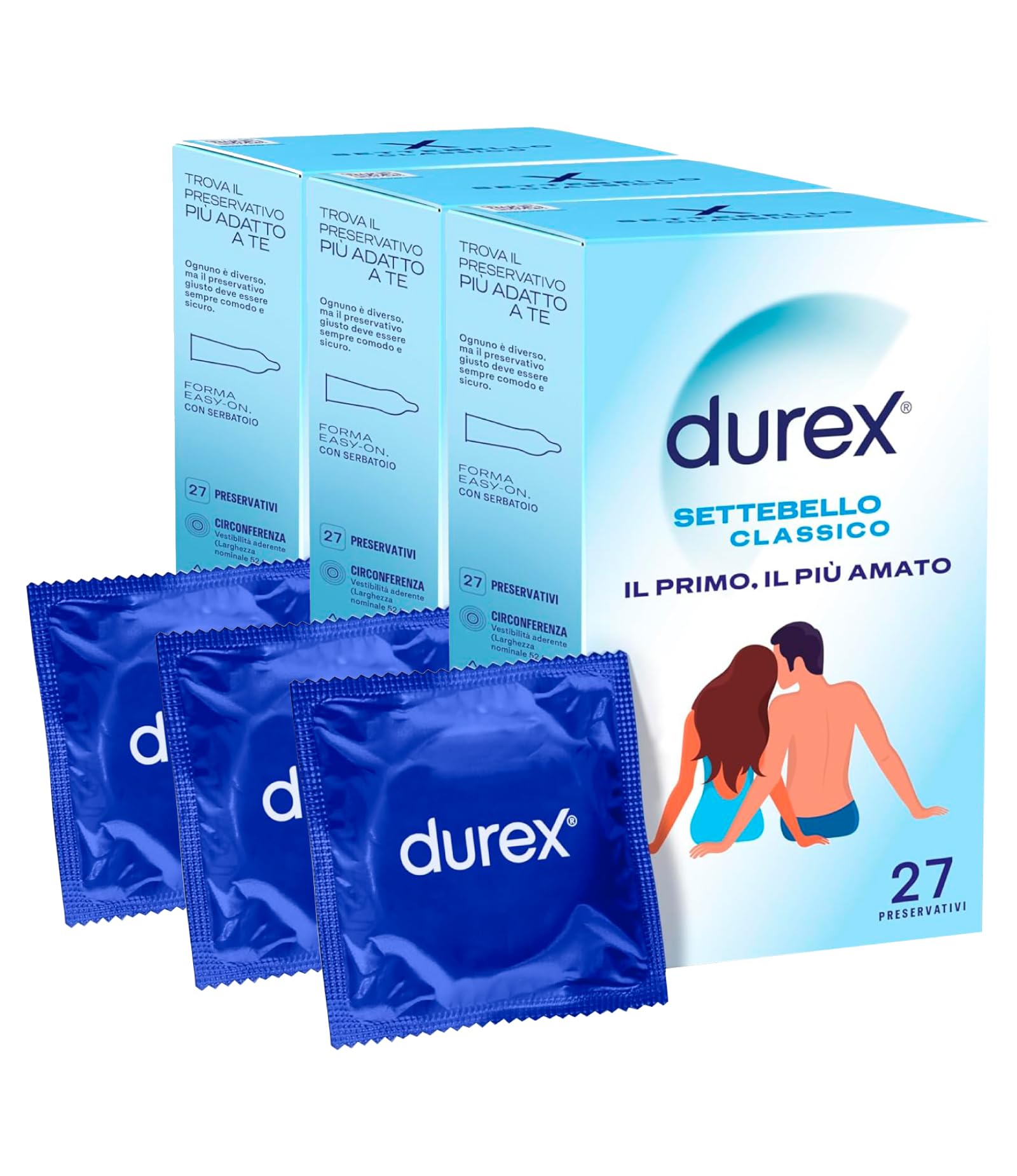 3x Preservativi Durex Settebello Classico Condom in Lattice di Gomma Naturale Trasparenti ed Extra Lubrificati - 3 Confezioni da 27 Profilattici Ognuna
