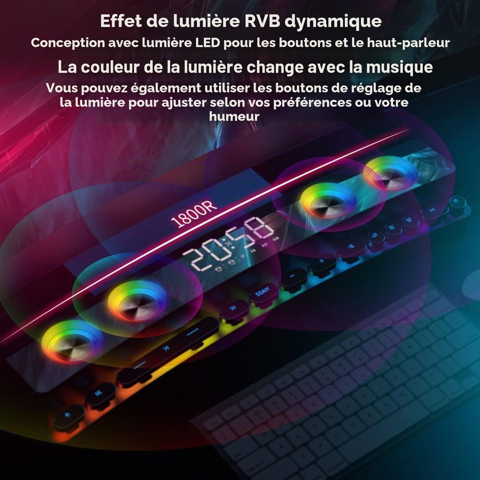 Haut-Parleur d'ordinateur - Bluetooth 5.0 Hi-FI Stereo Haut-Parleur PC Gaming, Haut-Parleur Subwoofer RGB Multifonctionnel avec 13 Boutons mécaniques, E-Display (Blanc)