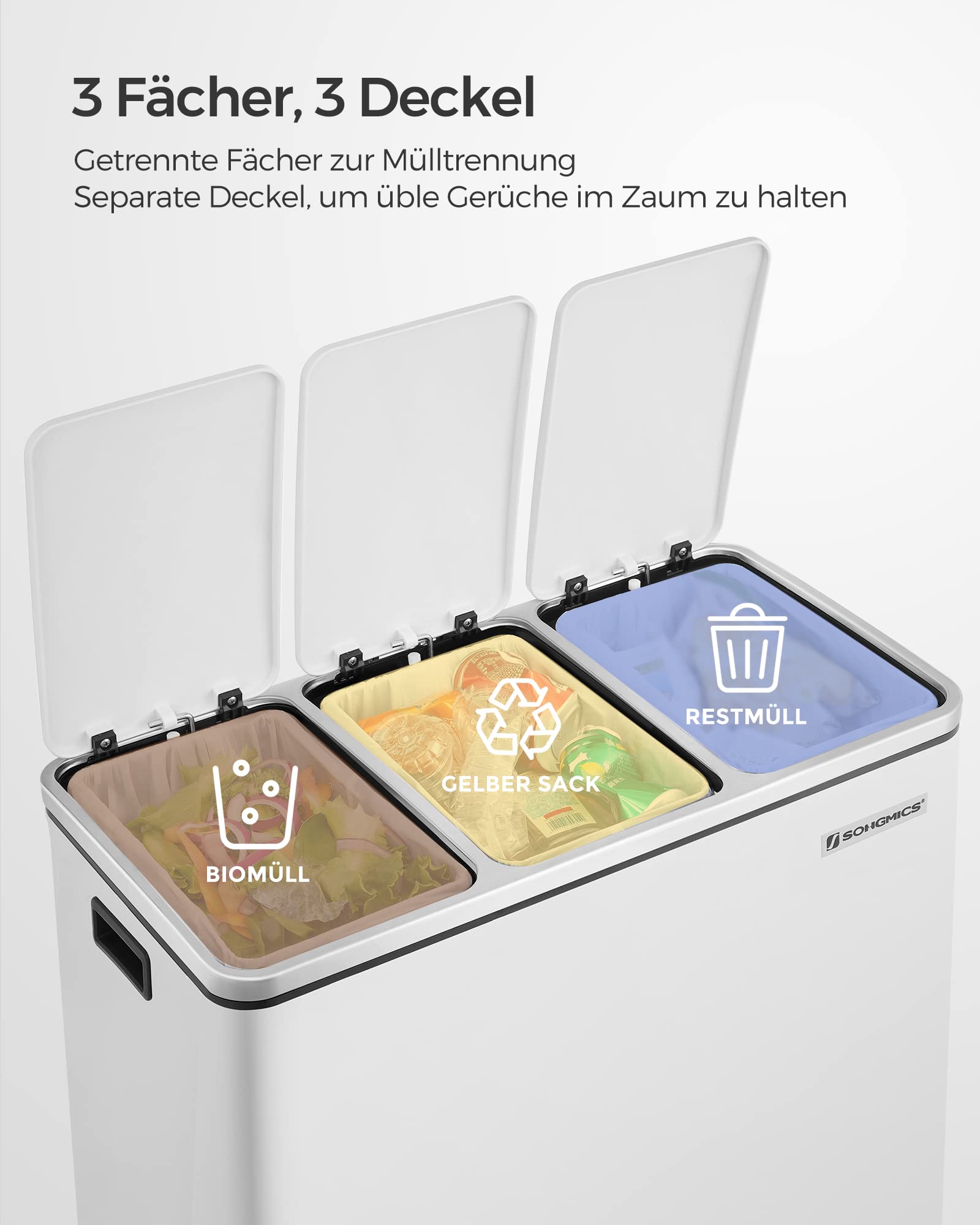 SONGMICS Mülleimer Küche, 3 x 18 L, Mülltrennsystem 3 Fächer, inklusive 15 Müllbeutel, Abfalleimer, Treteimer, für recycelbare Abfälle, Biomüll, mit Deckel, wolkenweiß LTB54WT