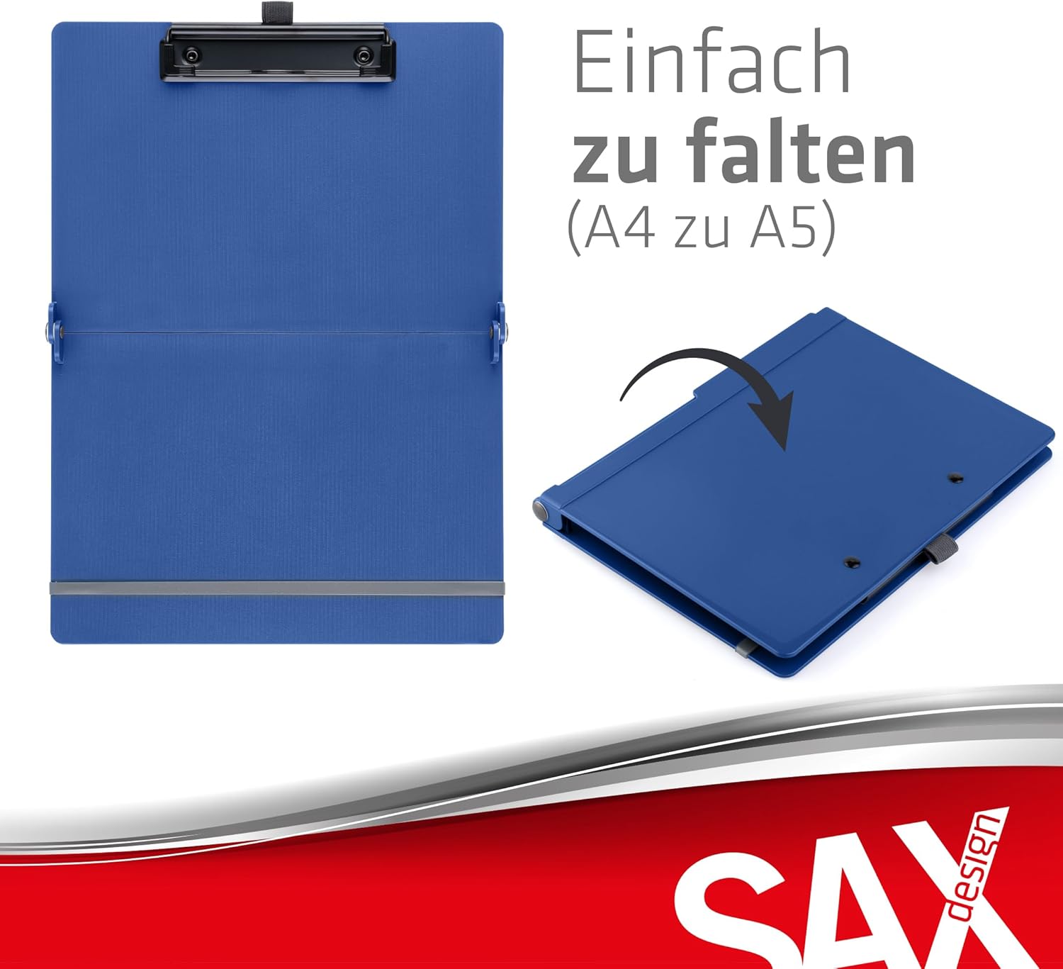 Sax Folding Clipboard Blueberry Clipboard A4 to A5 Portrait and Landscape Format Ideal for Travel and Business Holds 30 Sheets Includes Elastic Closure Band and Pen Loop Durable & Shockproof
