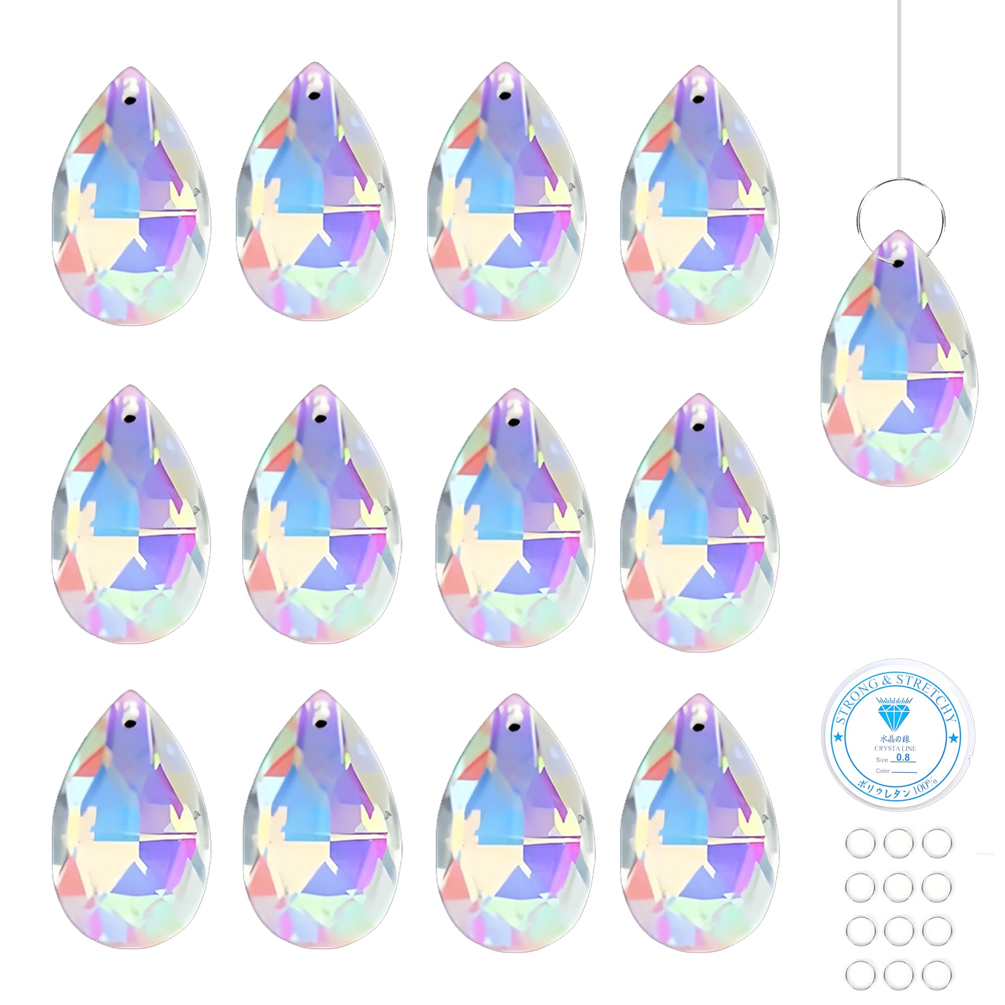 12 Stück Sonnenfänger Kristall, 50mm Suncatcher Kristall, Kristalle zum Aufhängen mit 12 Metallring, Prisma Kristall Tropfen Klare Kristallkugel für Fenster, Kronleuchter, Garten, Hochzeit Dekor