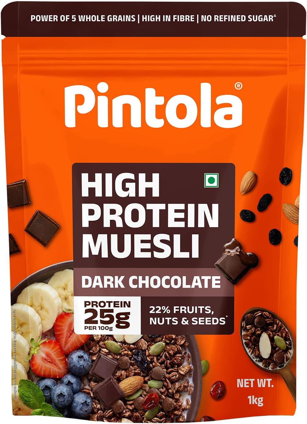 Pintola High Protein Muesli Dark Chocolate & Cranberry 1kg, 25g Protein, High Fibre, Trans Fat Free with Brown Sugar, Real Fruits, Muesli for Breakfast Food, Muselies Fruit Nuts and Seeds 1 kg