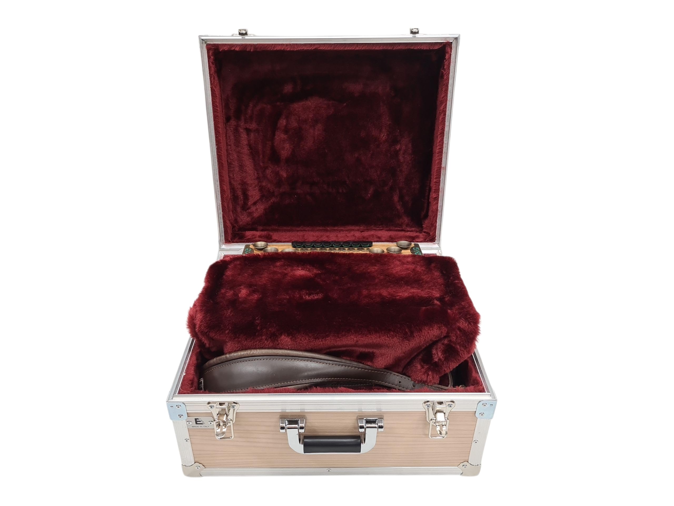 Generisch Luxus Flightcase für Steirische Harmonika 4-reihig – Hochwertiger Koffer aus Bergfichte mit Aluverstärkung, Metallschutzecken, weinrotem Plüsch, abschließbar & robust für sicheren Transport