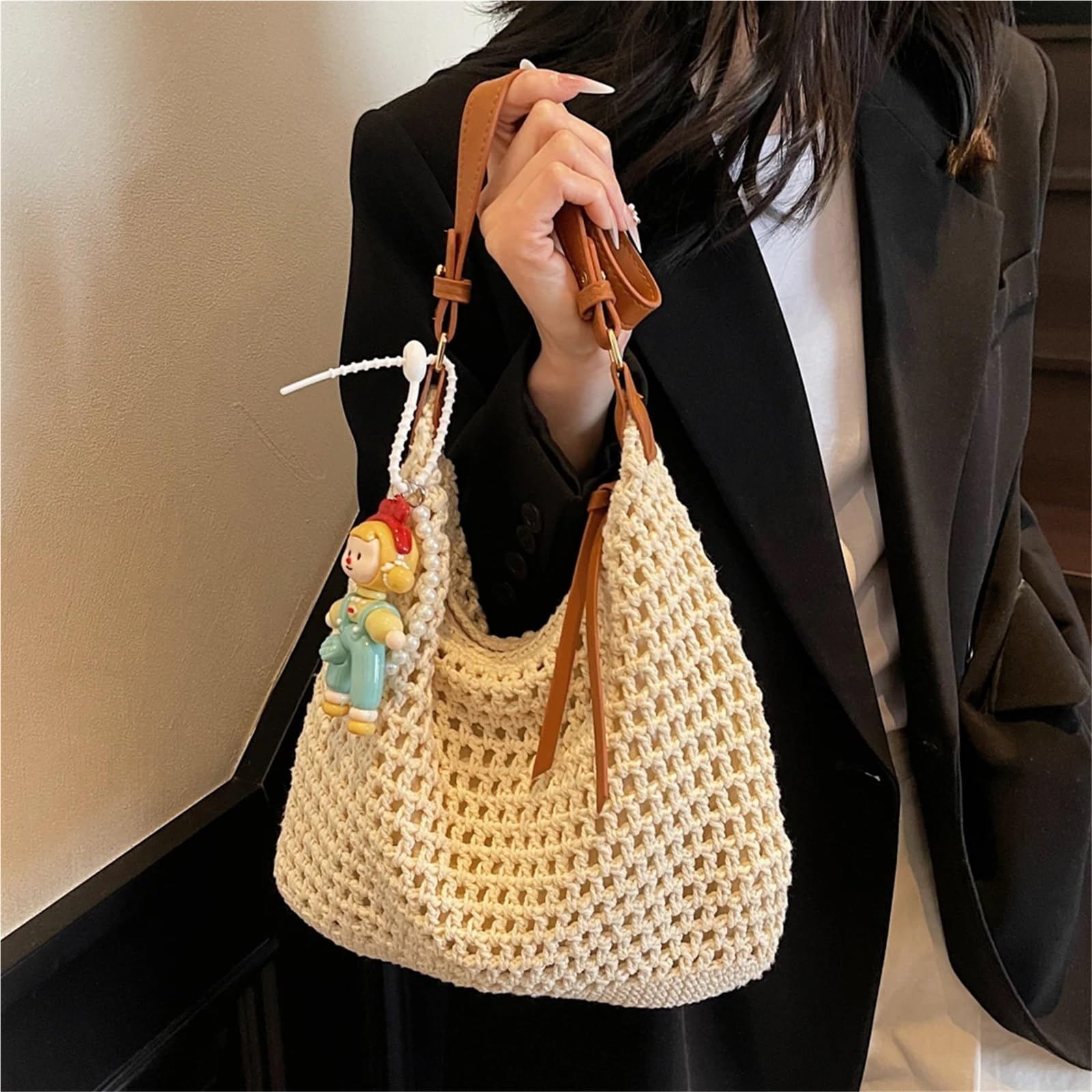 Bolso de Mano Tejido Calado Bolso de viaje paja tejido a mano gran capacidad for mujer, bolso hombro playa, verano, for, viajes, trabajo, ropa