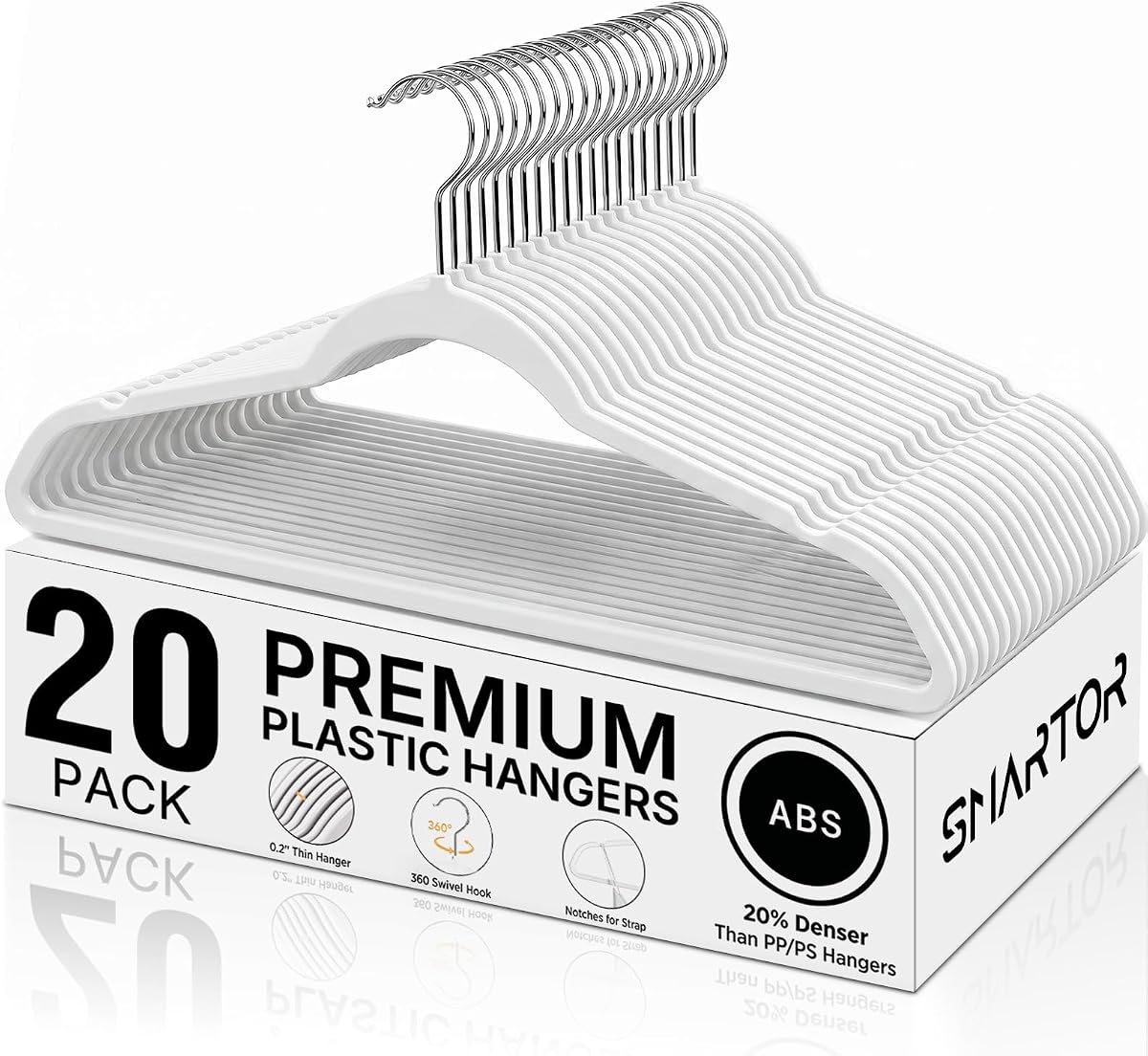 Plastic Hangers 20 Pack - Thin Hangers for Space Saving - White | Heavy Duty for 11Lbs Clothes, Swivel Hook, Non Slip Notches for Camisole, 0.2" Thin for Small Closet, Durable and Flexible